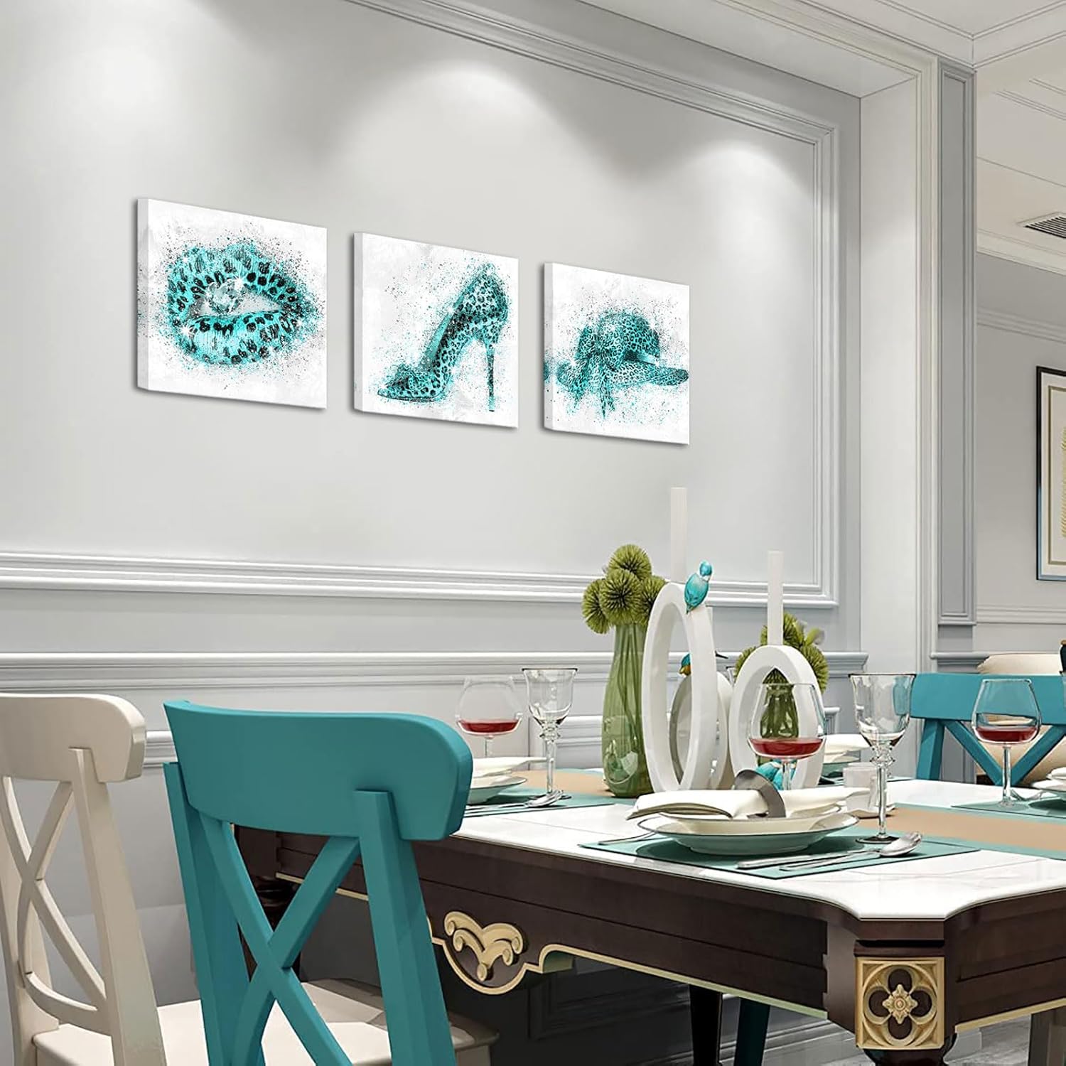 OuElegent Teal Wall Decor Fashion Art Canvas Glam Glitter Pictures Turquoise Leopard Print Lips Heels Hat, 3 Piece Modern Decor Set 12''x12''x3 panels