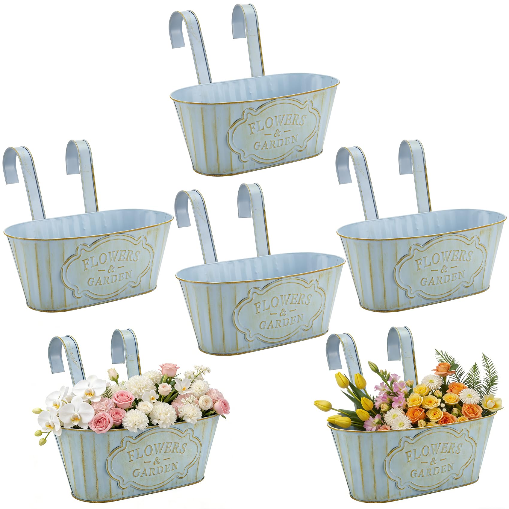 Yocdunm 6 pcs Iron Hanging Flower Pots Vintage Hanging Plant Pots 27.5cm Over Fence for Balcony Railing With Drainage Decorative Railing Planter for Porch Railing Balcony Fence (Blue)