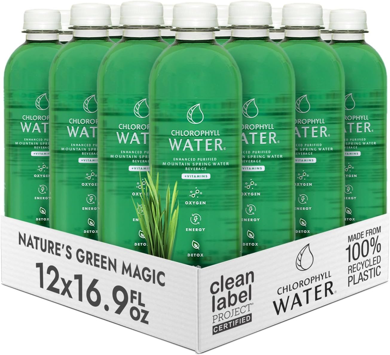 Chlorophyll Water (12-pack) Liquid Chlorophyll Drops in Purified Water Bottles, For Glowing Skin, Energy and Detox, Vitamins A, B12, C, D3, Clean Label Certified, Plant-Based Vitamin Water (16.9oz)