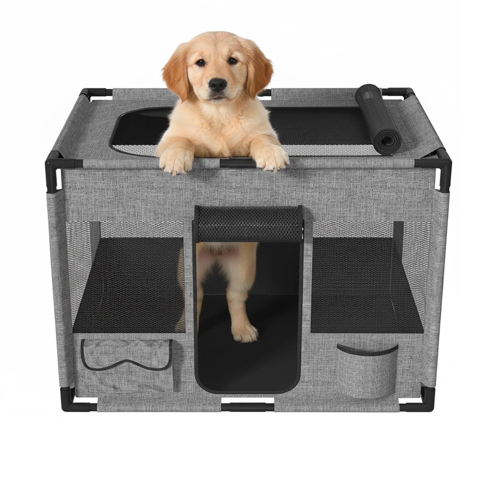 Welpenauslauf Laufstall Hund Welpenlaufstall aus Oxford-Gewebe, Tierauslauf Tierlaufstall PVC-Rohren Hundekäfig Katzengehege Indoor Outdoor für Hunde & Katzen mit atmungsaktives Netz, 100x60x60cm