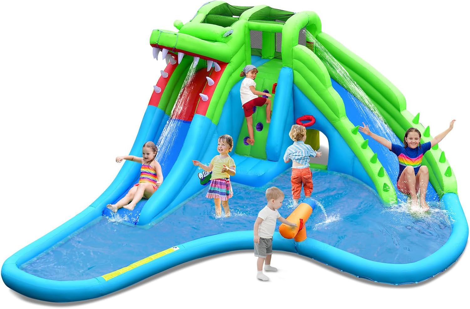 DORTALA Inflatable Water Slide, 7 in 1 Crocodile Blow Up Water Park with 2 Slide, Climbing Wall, Splash Pool, Water Cannon, Crawling Tunnel, Giant Bounce House for Kids & Adults(with 780W Air Blower)