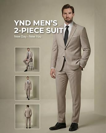 YND Men's 2 Piece Suit with Tie, Slim Fit Solid Color Jacket and Pants Set