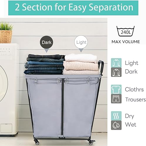Miniatura 2 de 2 Section Laundry Cart Rolling Laundry Sorter 240L Large Laundry Basket with Wheels Heavy Duty Laundry Separator Hamper with Removable Oxford Bags