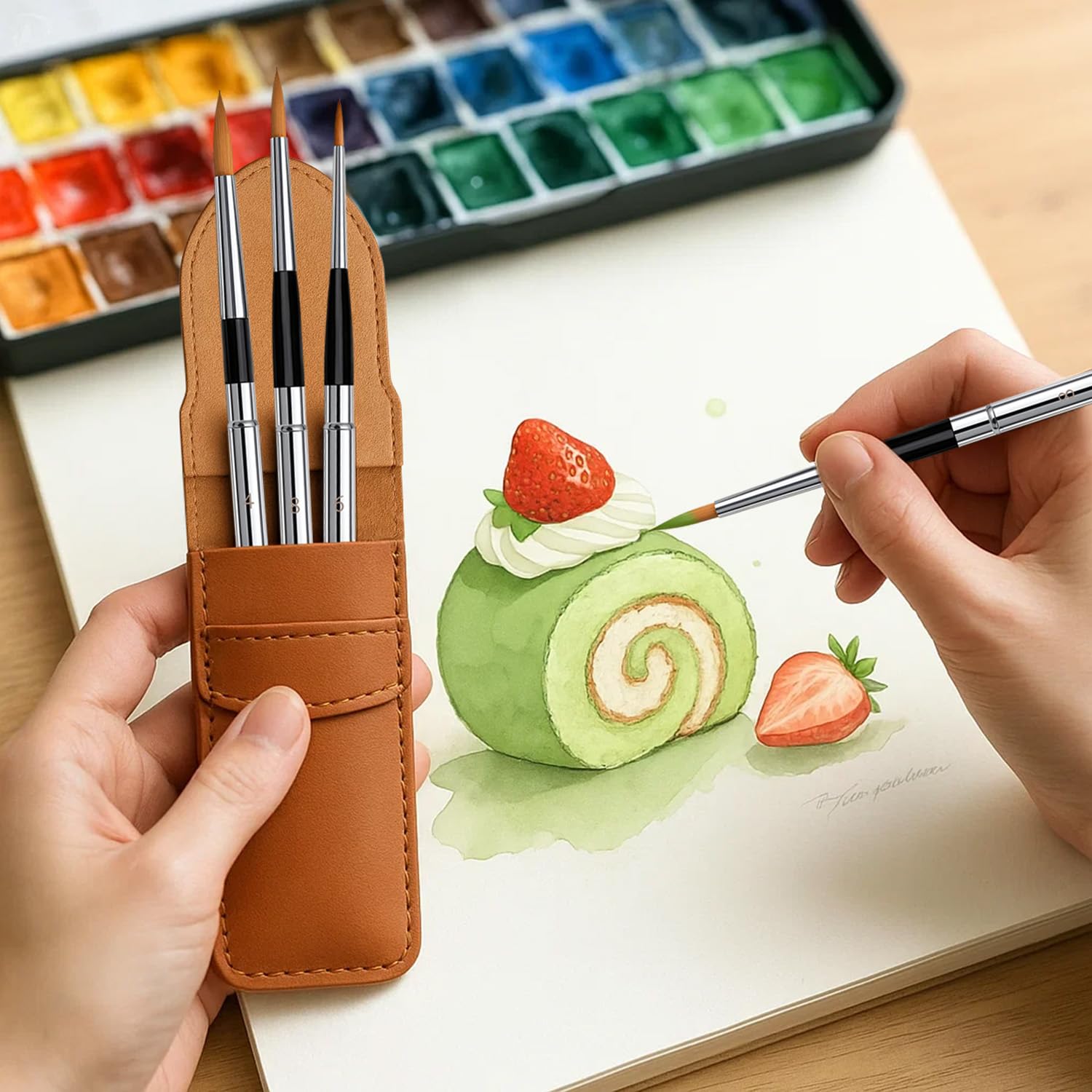 Reise-Aquarellpinsel, Reise-Set mit Ledertasche, perfekt für Aquarell-, Acryl-, Gouache-Tintenmalerei