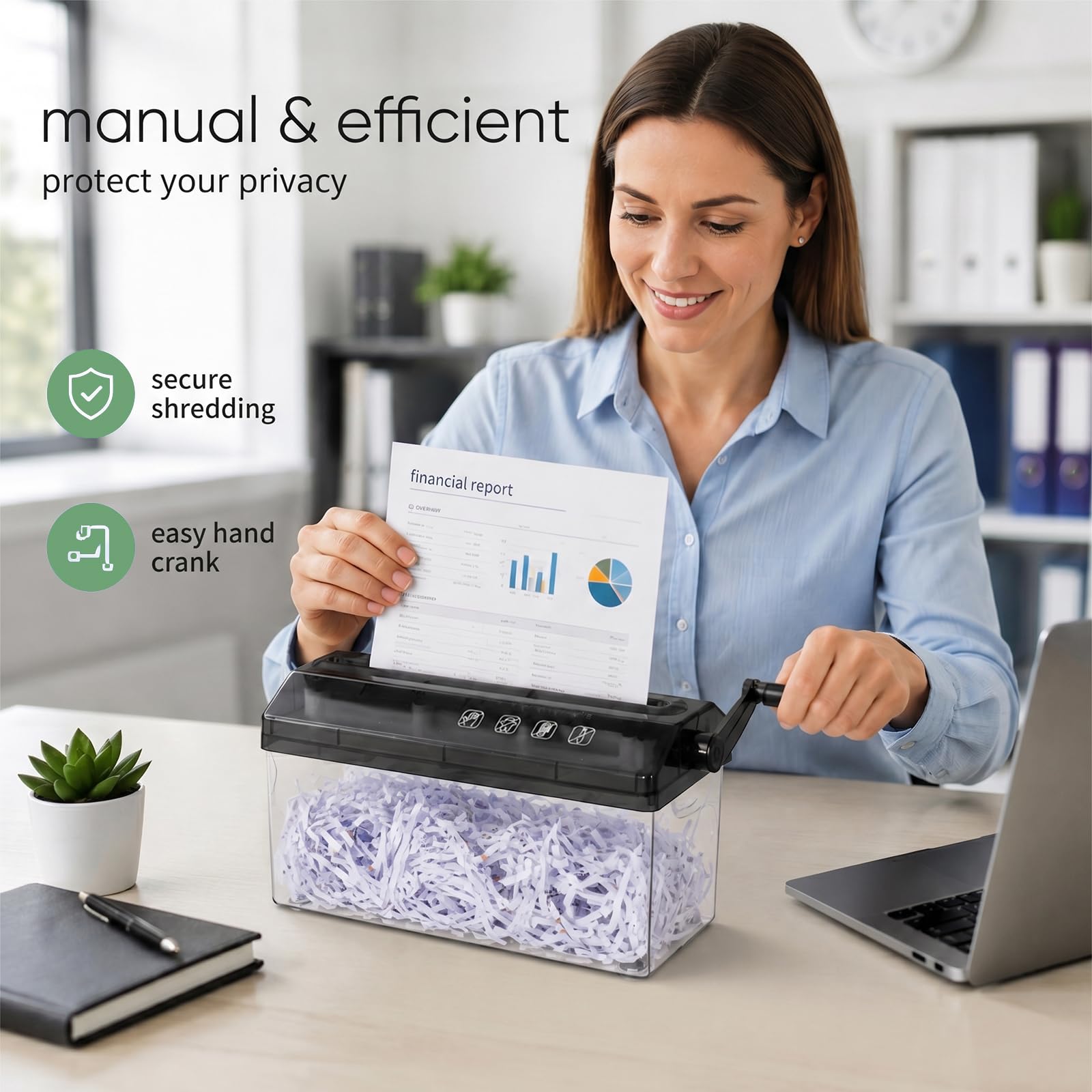 Yuragim Manueller Aktenvernichter A4 mit Kurbel, Kompakter Hand Papierschredder für Büro Zuhause Schule, Streifenschnitt 3 mm, für Finanzdokumente Briefe Papier, tragbar Mini Desktop Design kompakt