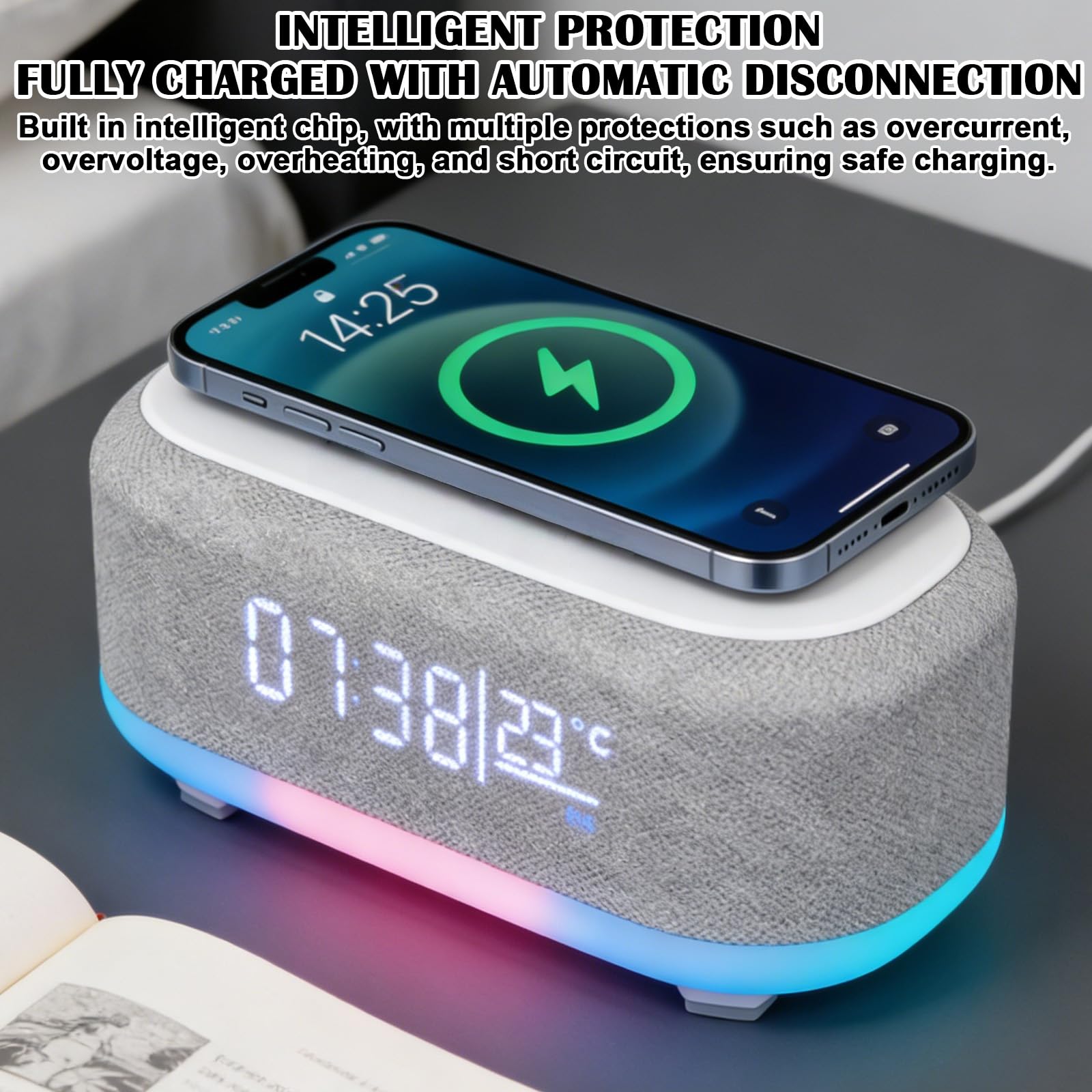 Radiosveglia Digitale con Stazione di Ricarica Wireless 15W, Sveglia Bluetooth, Luce Notturna 9 Colori, Caricatore USB