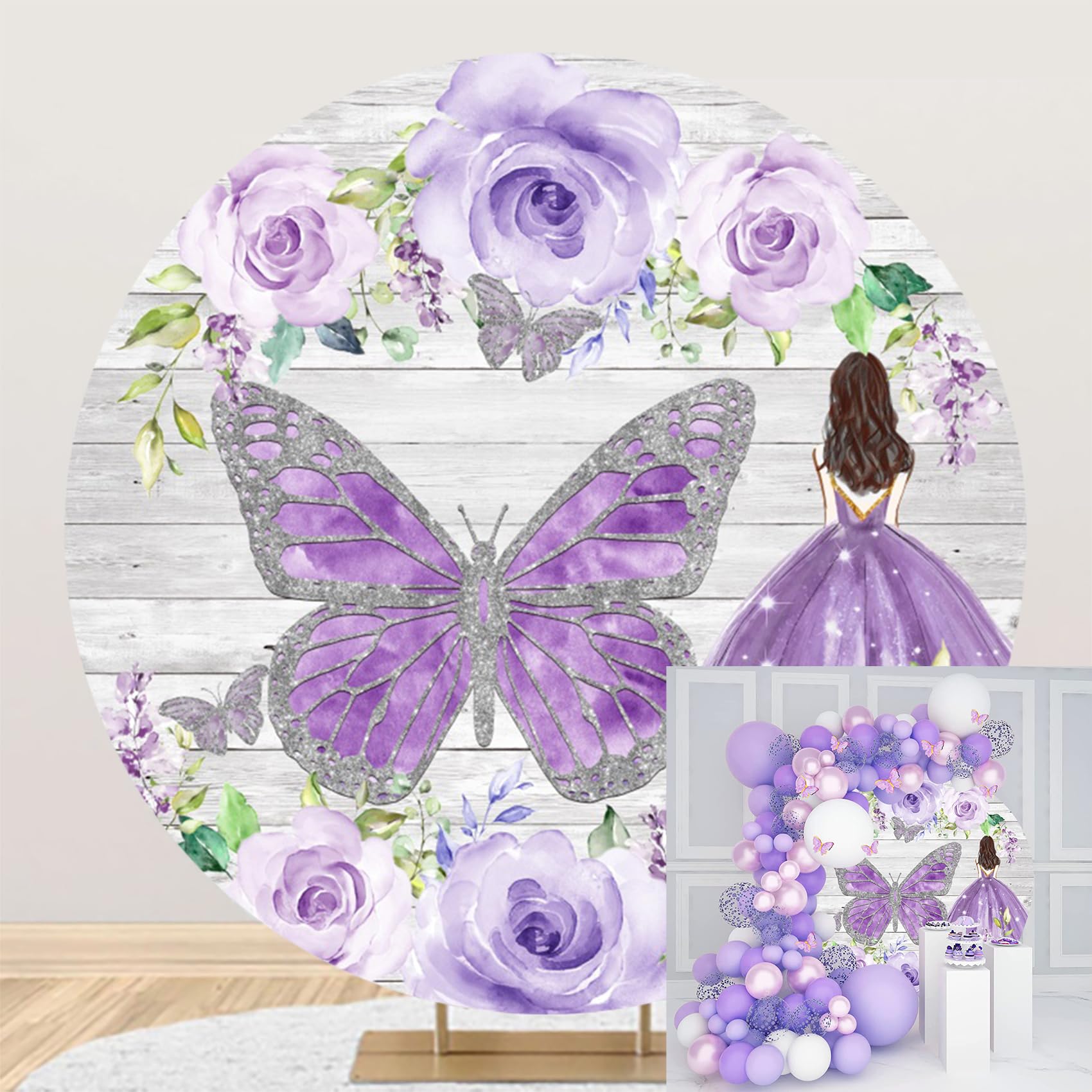 Polyester Diameter 6.5ft Round Purple Butterfly Queen Photo Backdrop Rose White Wood Panel Photography Background Girl Princess Bar Mitzvah Birthday