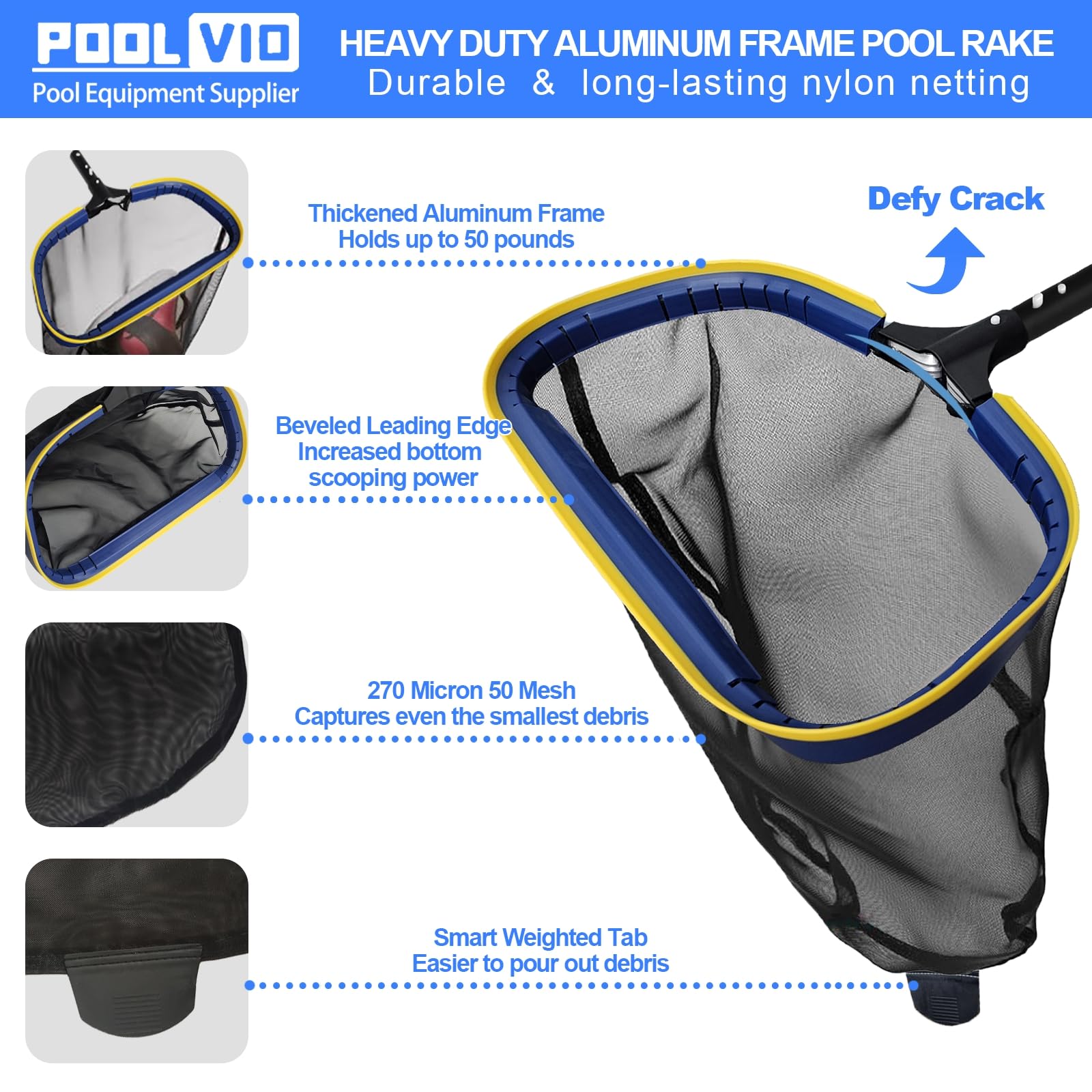 Poolvio Deluxe zestaw do czyszczenia basenu łącznie z siatką na skimmer, szczotką basenową 2 w 1 i obciążoną głowicą próżniową z kółkami do basenów naziemnych i inground (bez drążka)