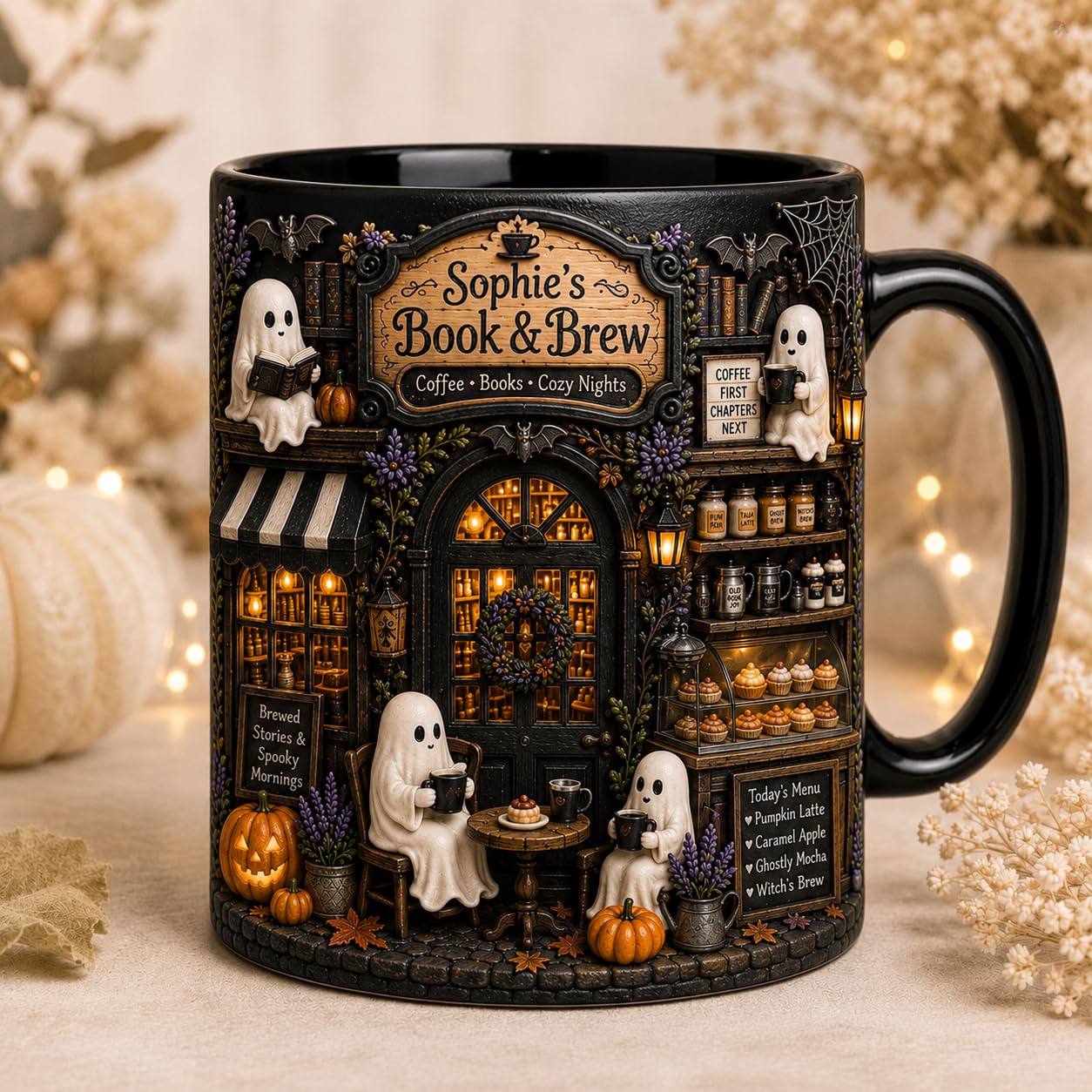 EmbroGlow Personalized Halloween Bookshop Mug, Spooky Reads Coffee Cup Gift | Custom name…