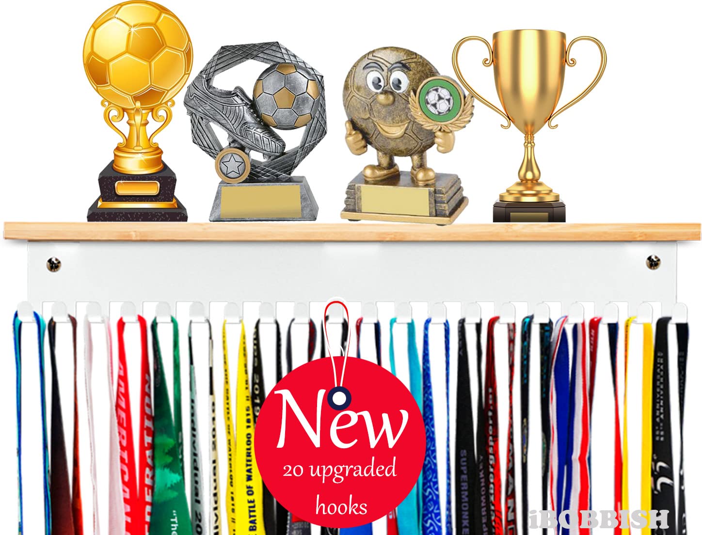 Trophy Shelf with Hooks for Medals - Metal Display Shelf for Wall Mount Ribbon Display, Trophy Shelves for Gymnastics, Soccer, Wrest,Running Race Medals Awards Rack,Trophy Award holder Upgraded