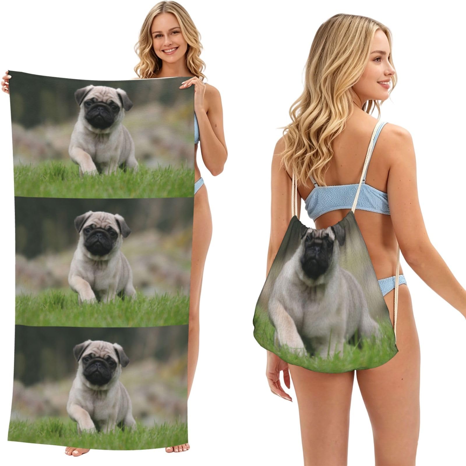 Poadnly As Picture Pug Bokeh Puppy Dogs Lawn Pets Pug, 2 In 1 Packable Towel Bag, Beach Towels With Drawstring Backpack For Travel Holiday Camping