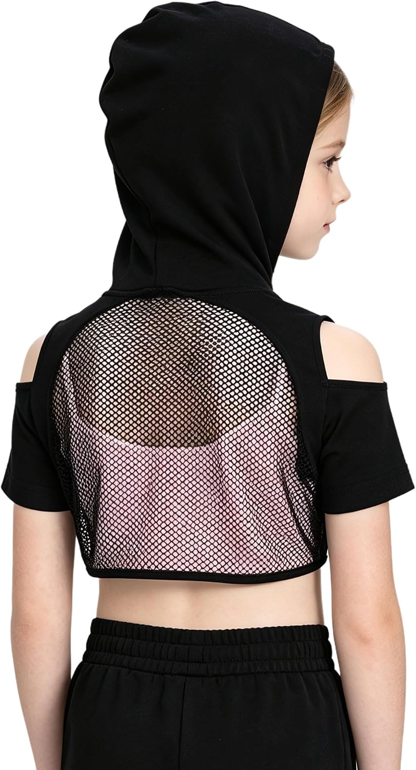 Girls Hollow Out Mesh Hooded Tops with Yoga Crop Vest