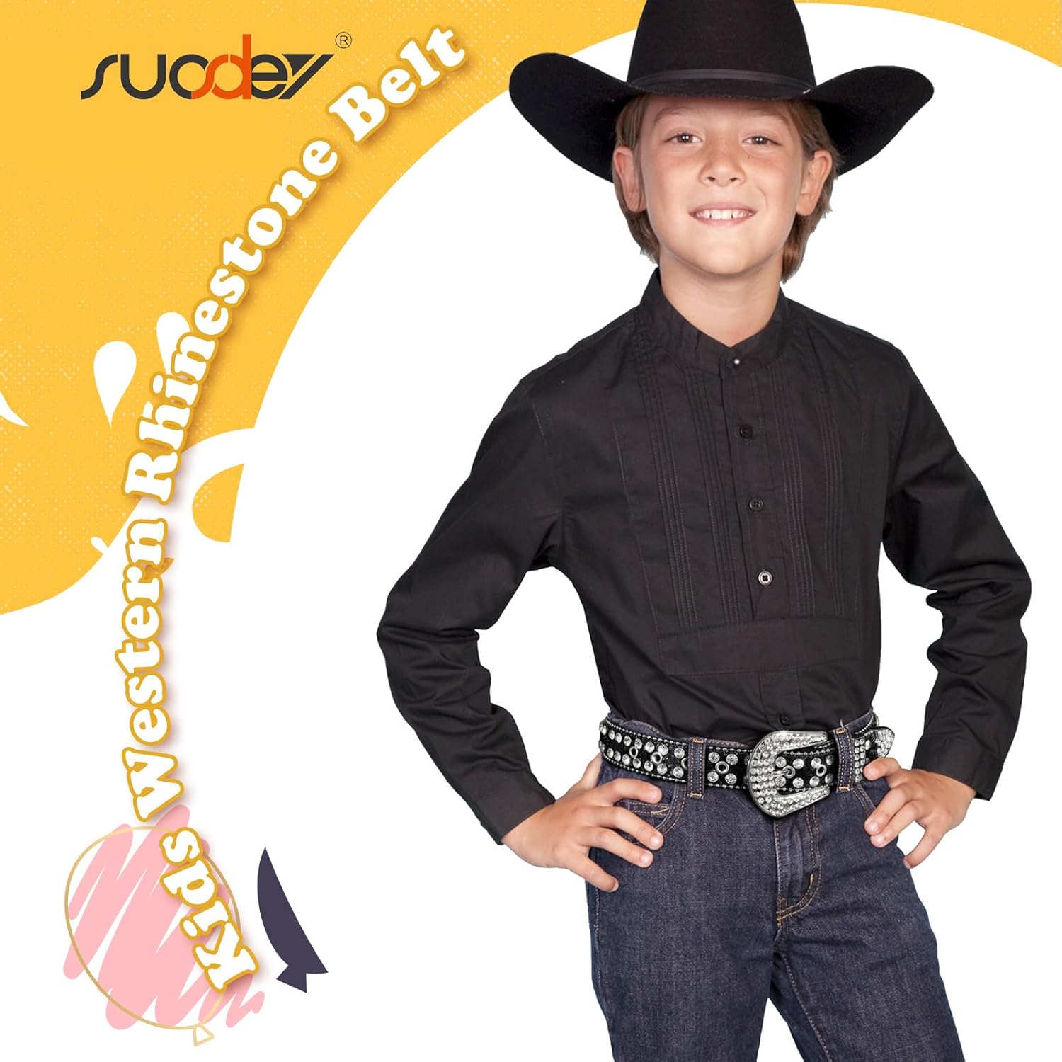 SUOSDEY Kids Rhinestone Western Belt for Girls Boys, Cowboy Cowgirl Diamond Studded Bling Leather Belt - Image 4