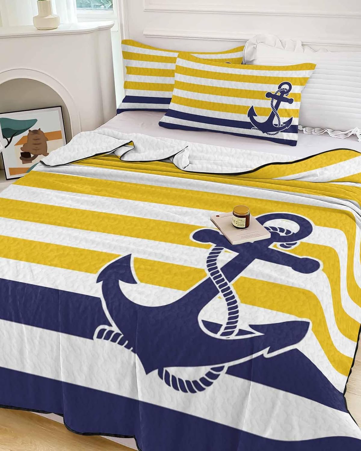 Queen Size Quilt Set, Vintage Navigation Anchor Lightweight Bedspread Coverlet Set Soft Microfiber Summer Quilt with 2 Pillow Shams, Country Yellow Blue Striped 3 Piece Comforter Bedding Set