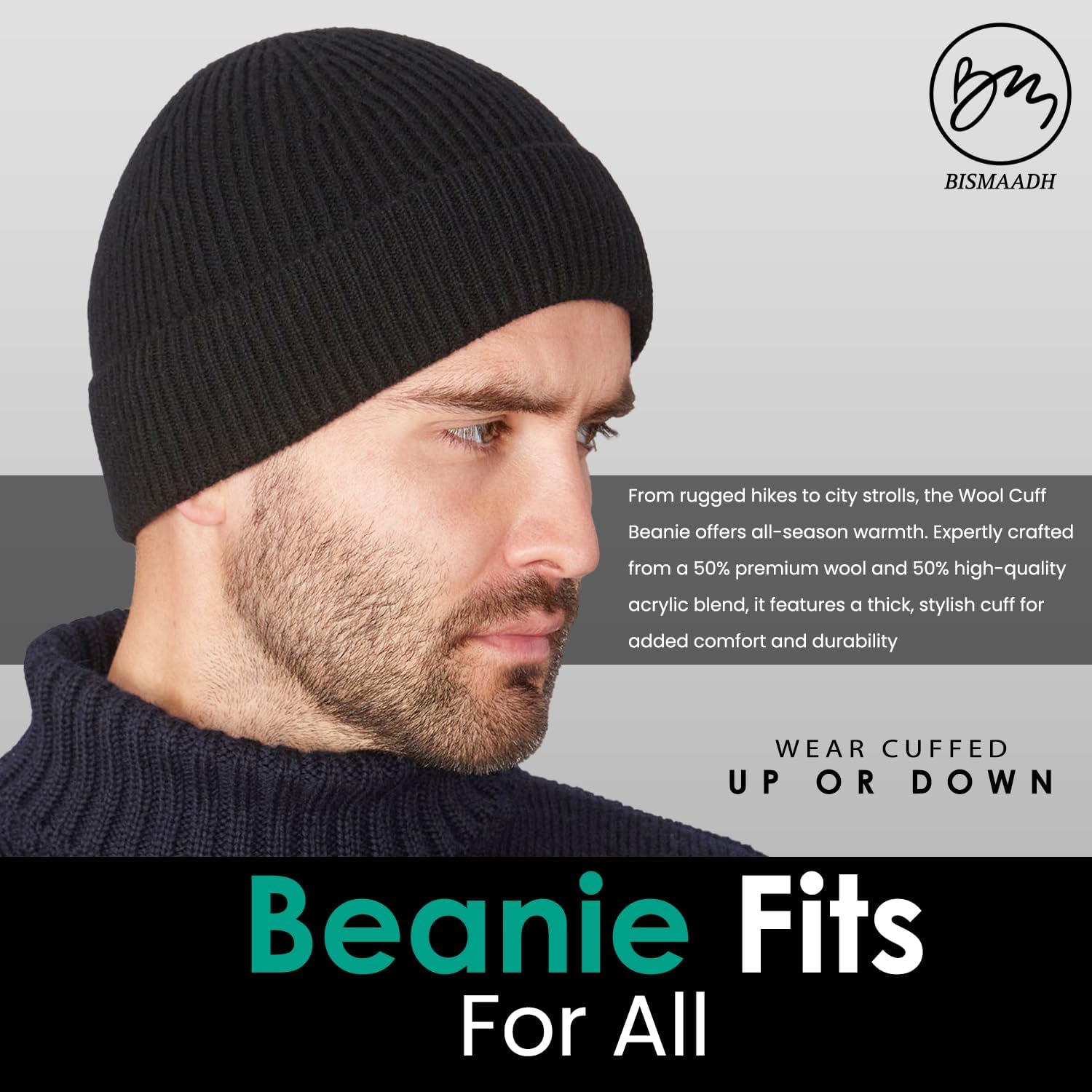 BISMAADH Fleece Lined Woolen Cuff Cap Beanie for Men & Women Warm Knit Winter Hat Stretchy Fit Soft - Image 6