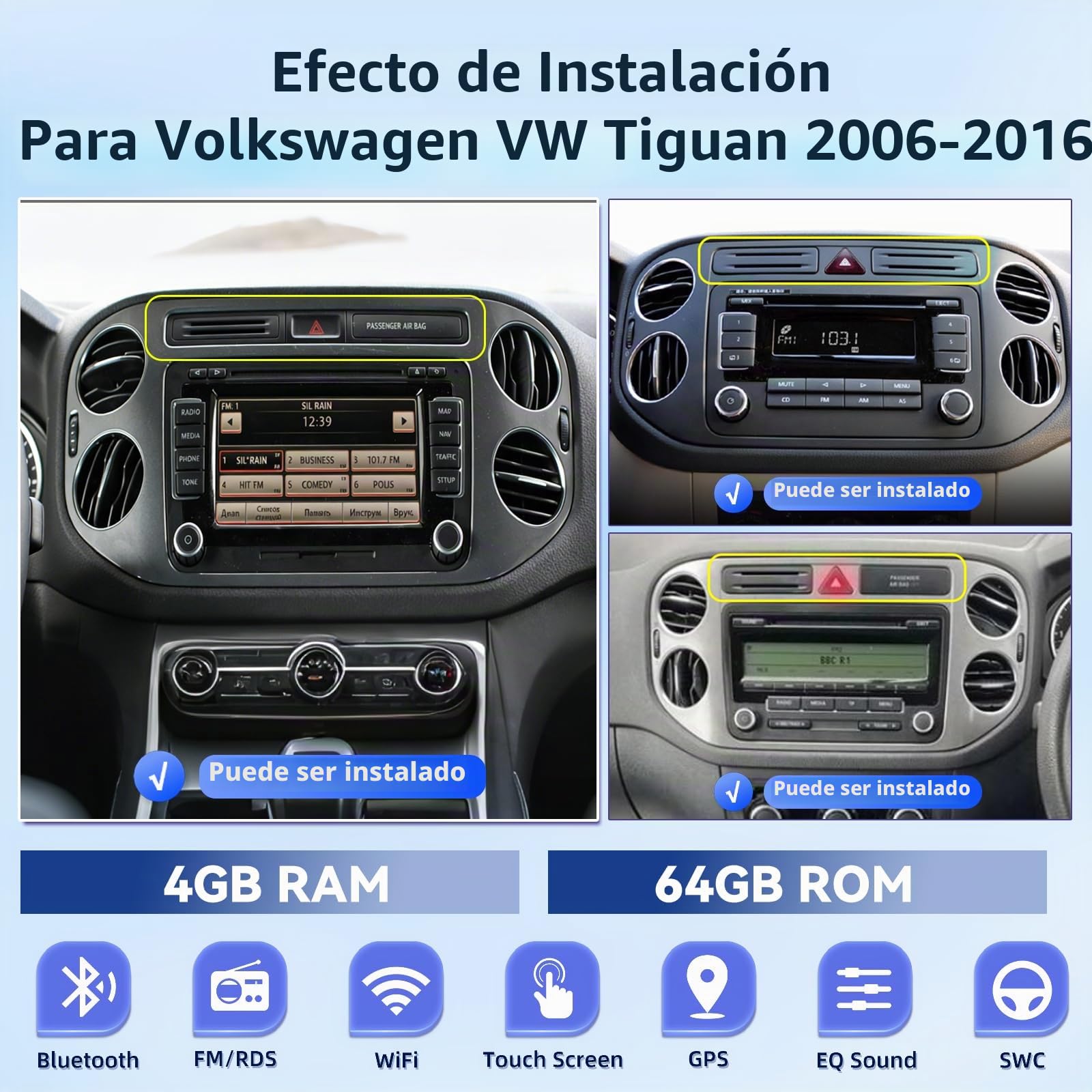 4G+64G Android Radio de Coche para Volkswagen VW Tiguan 2006-2016 con Wireless Carplay & Android Auto, Pantalla Táctil IPS de 9 Pulgadas con GPS, WiFi, 32EQ, Bluetooth 5.0, Radio FM/RDS