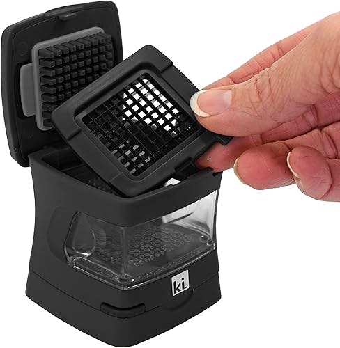 Miniatura 27 de Prensa de ajo, trituradora, cortadora, picadora y recipiente de almacenamiento, incluye pelador de ajo de silicona, fácil de limpiar, cuchillas