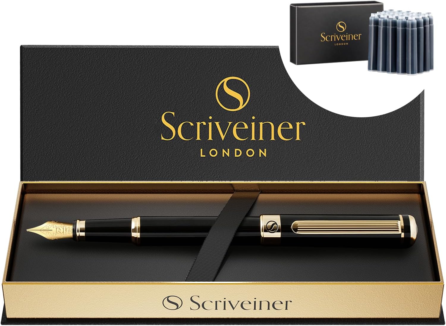 Scriveiner Luxury Fountain Pen - Stunning Black Lacquer Pen, Real Gold Plating, Schmidt Gilded Nib (Extra Fine) Bundle with Fountain Pen Ink Cartridges - Blue - 20 Standard International