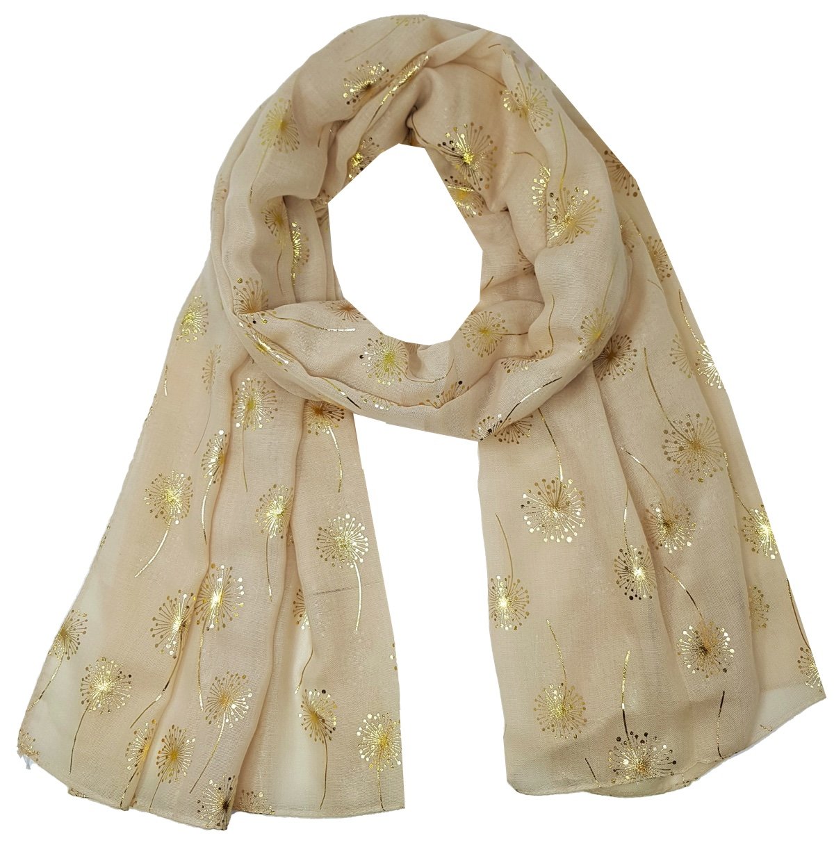 World Of Shawls Women's Dandelion - Beige New Glitter Sparkle Print Scarf Scarves (Dandelion - Beige)