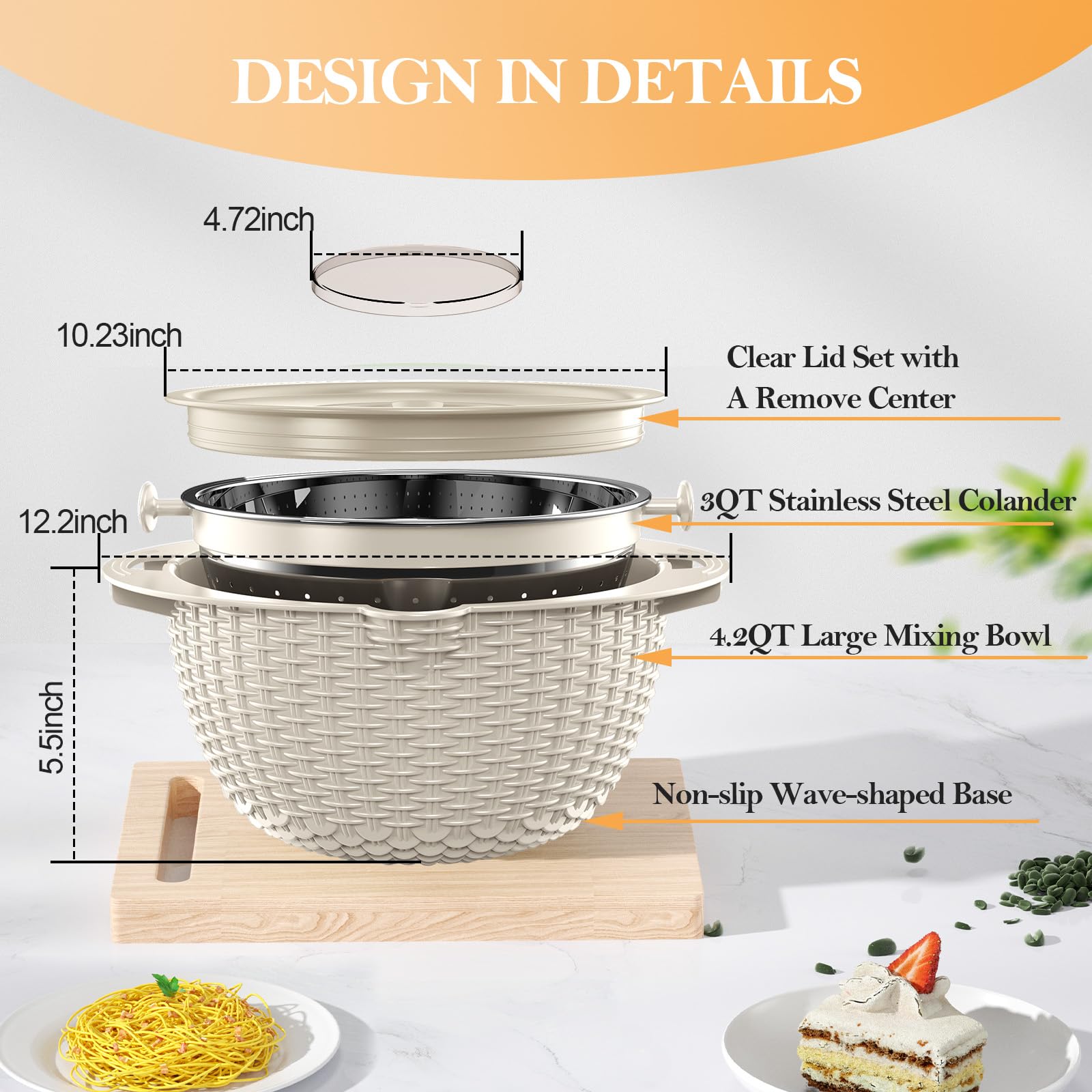 Colador 4-1 con juego de cuencos, coladores y coladores de alimentos, cuenco para lavar frutas con colador, colador giratorio para cocina, accesorio de cocina estético, color beige 7