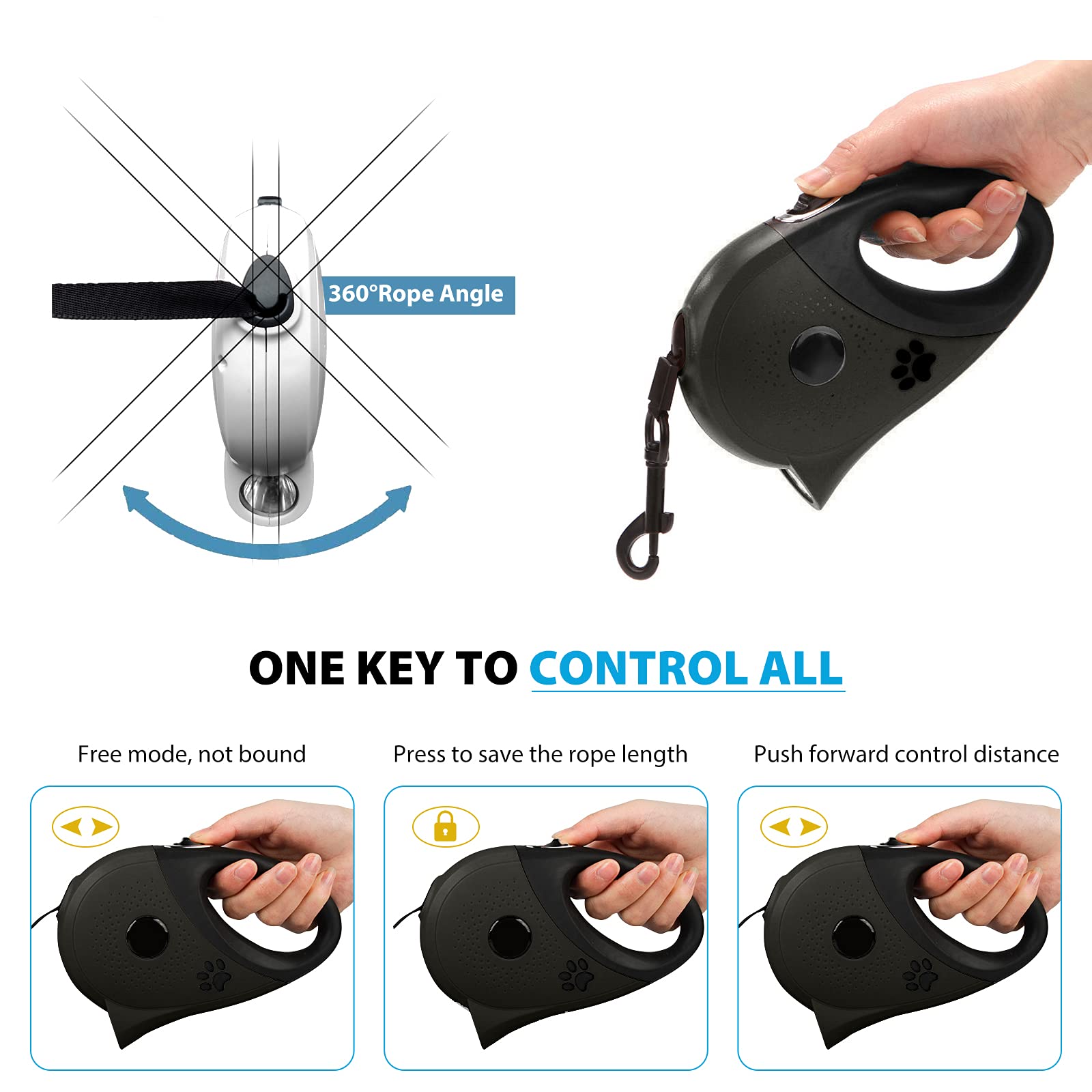 PETCUTE Laisse Chien Enrouleur,5M Laisse Chien Retractable Flexi, Un Boutton S’arrêter/Bloquer, Laisse à Enrouleur Extensibles de Chien avec LED Lampe de Poche,pour Chiens de Petite et Moyenne Taille