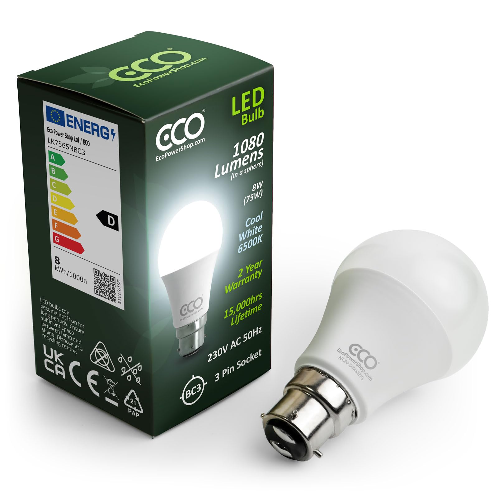 ECO 3 Pin BC3, 8W Energy Saving LED Light Bulb, 75W Equivalent, Cool White 6500K, Non-Dimmable, 15,000hrs Lifetime