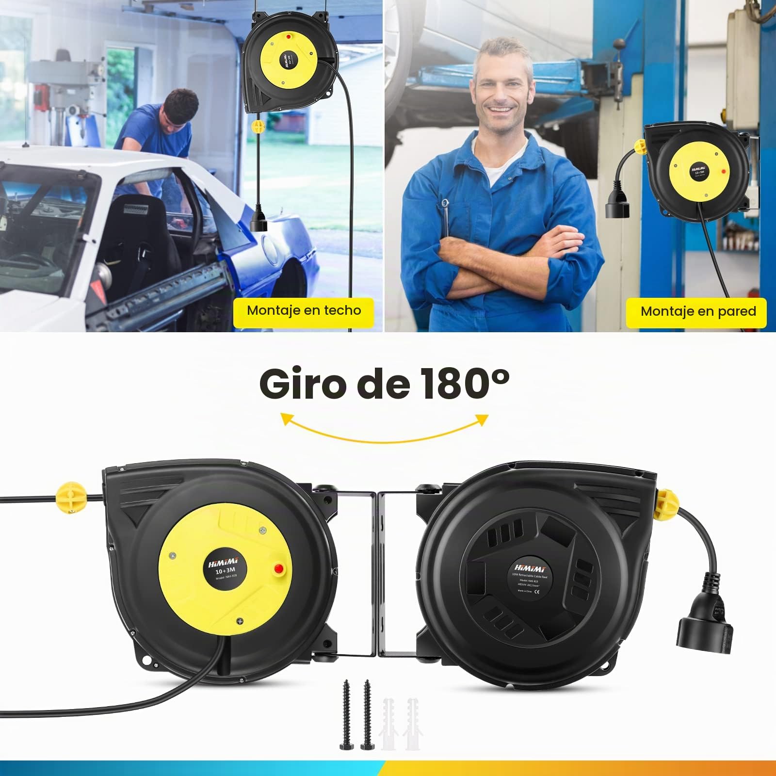 Enrollador de cable automático profesional 10 m + 3 m | Enrollador retráctil montado pared y techo | 1250 W ~ 2000 W | carretes de cable automática | Giratorio 180° | Para interiores y exteriores