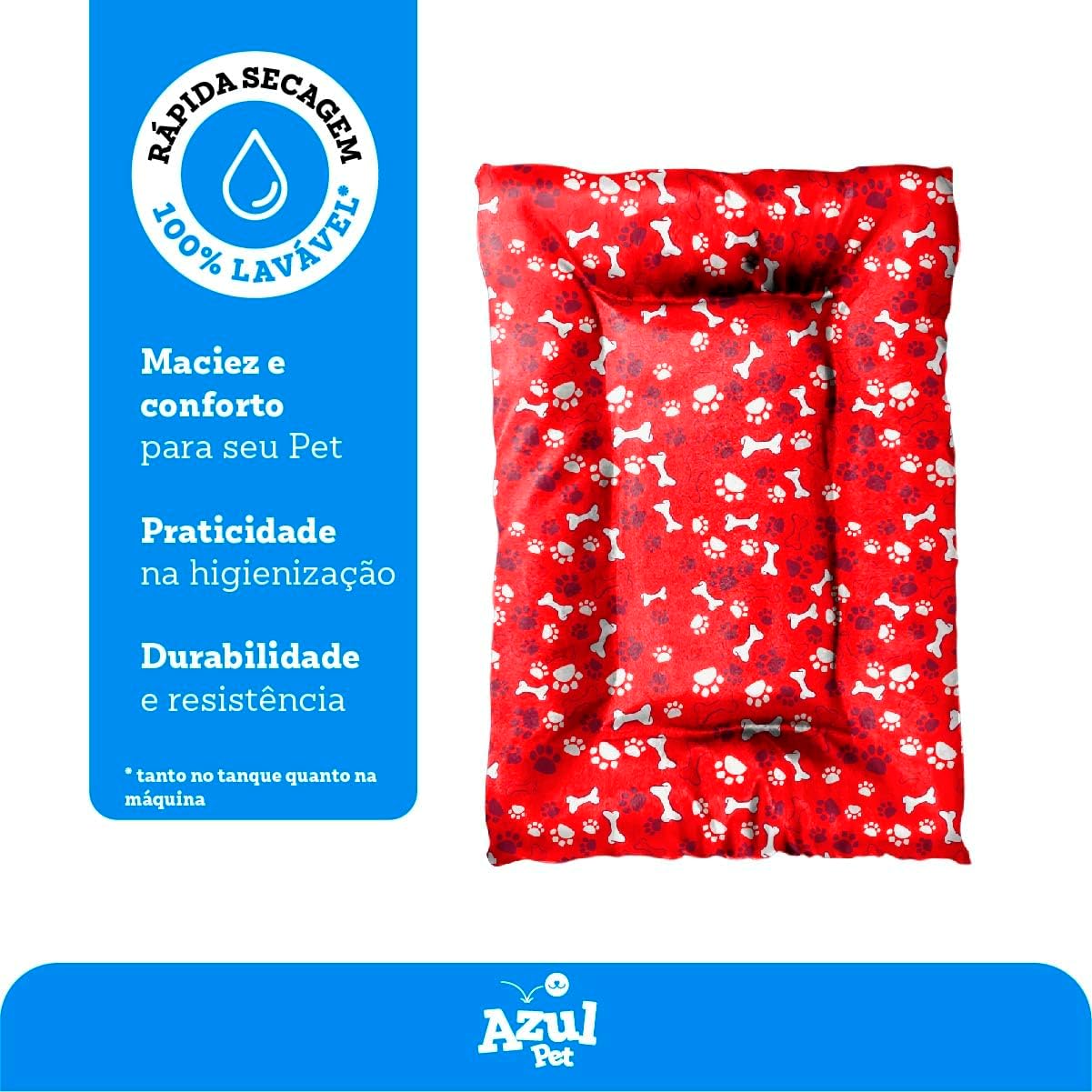 Colchonete G para Cachorro Grande, Almofada Removível com Zíper, 80x60cm, Vermelho com Estampa
