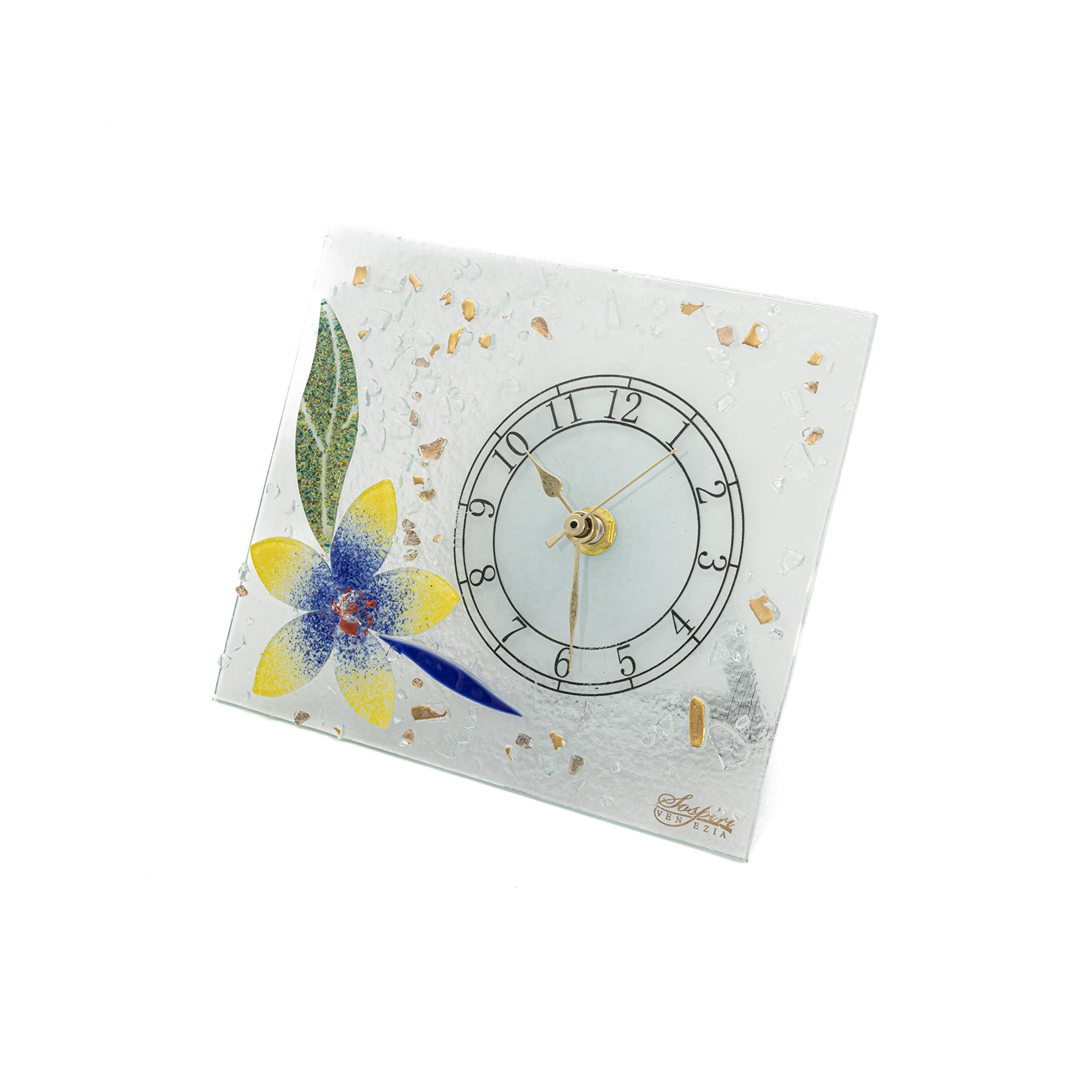 Sospiri Venezia Reloj de Mesa de Vidrio de Murano con Mecanismo Silencioso, Decorado con Diseño Floral Dorado, Hecho a Mano, Idea de Regalo, (18x15 cm)