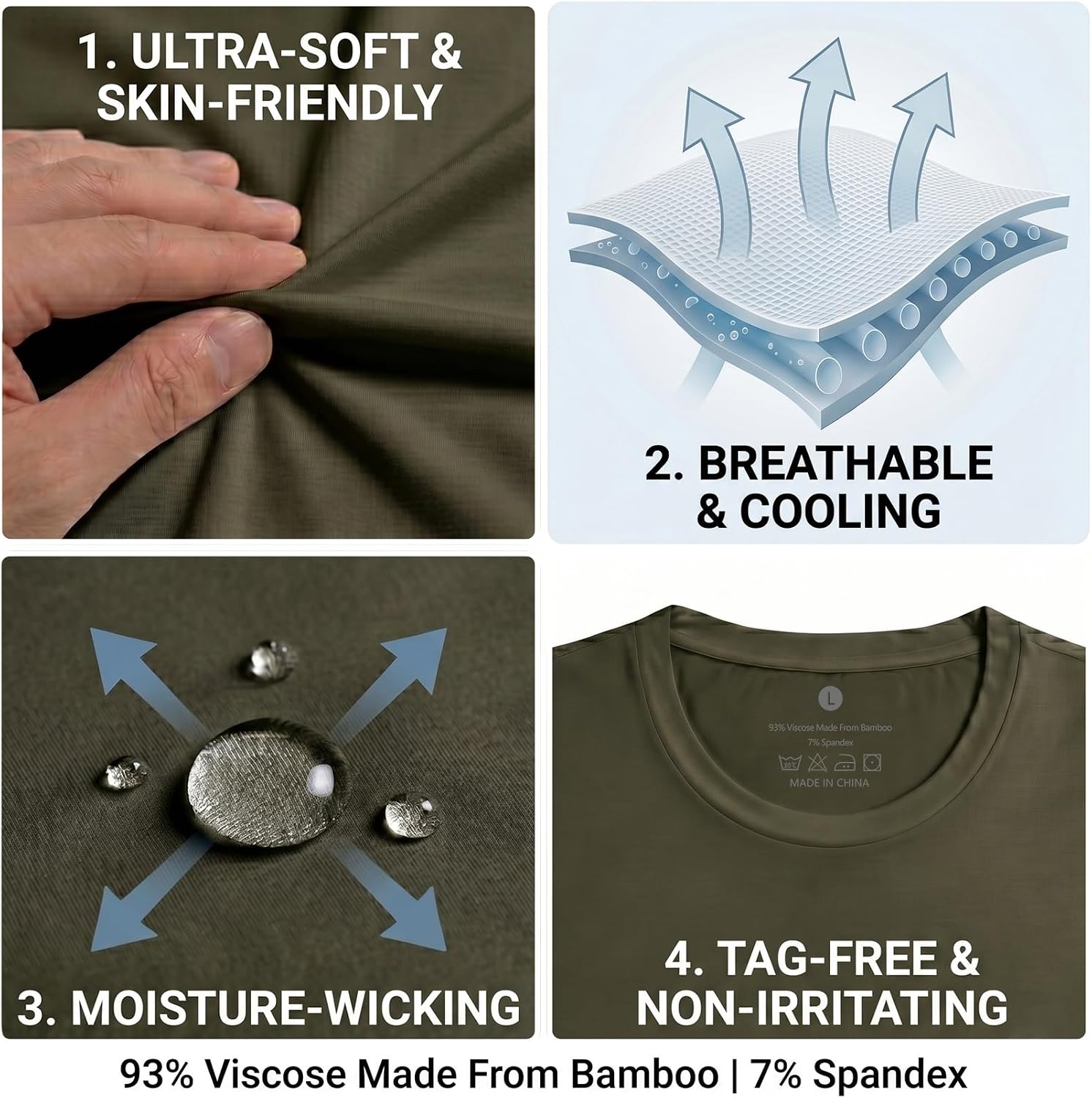 BLACKMYTH Men's Undershirts, Ultra Soft Viscose Made from Bamboo, Stretchy Breathable Tag-Free Moisture Wicking Tees