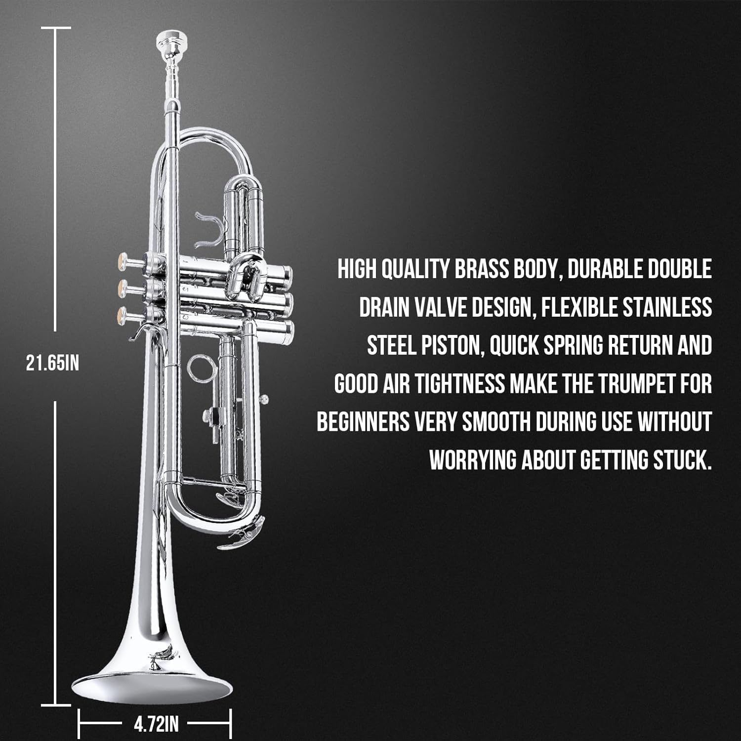 Soulmate Bb Trumpet Professional Standard Trumpet Set with Hard Carrying Case, 7C Mouthpiece, Cleaning Kit, Gloves, and Polishing Cloth (Silver)