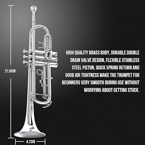 Miniatura 15 de Soulmate Trompeta de latón estándar Bb Instrumento de trompeta para estudiantes, orquesta de banda escolar, adultos principiantes con estuche