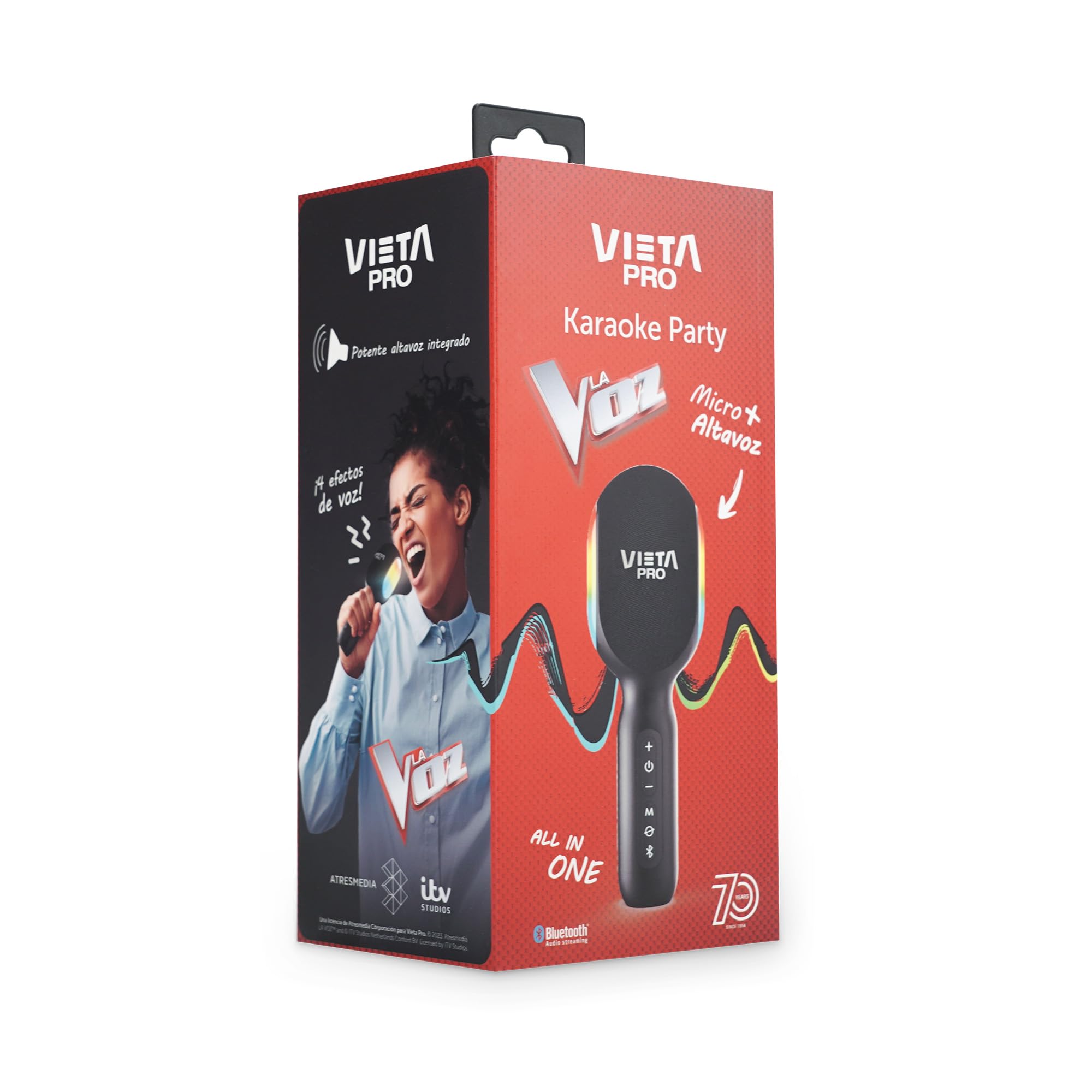Vieta Pro | Microfono Wireless Karaoke con Altoparlante incluso. Microfono per cantare Bluetooth, 10h di batteria, USB, Radio FM, Registratore Vocale ed effetti luce e suono. | Microfono La Voce