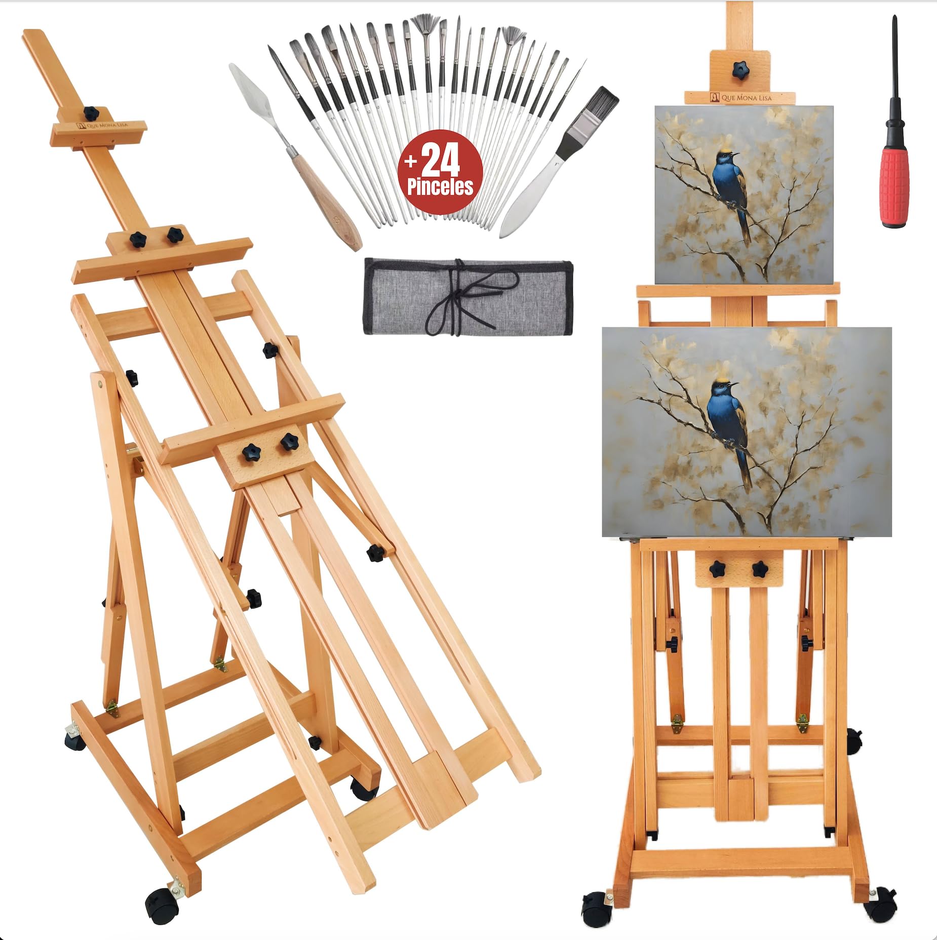 Caballete plegable profesional RENOIR, Altura Ajustable para lienzos grandes, Soporta 2 canvas a la vez, Caballete de Madera de Haya para Pintar, Atril grande pintura Fácil de Montar