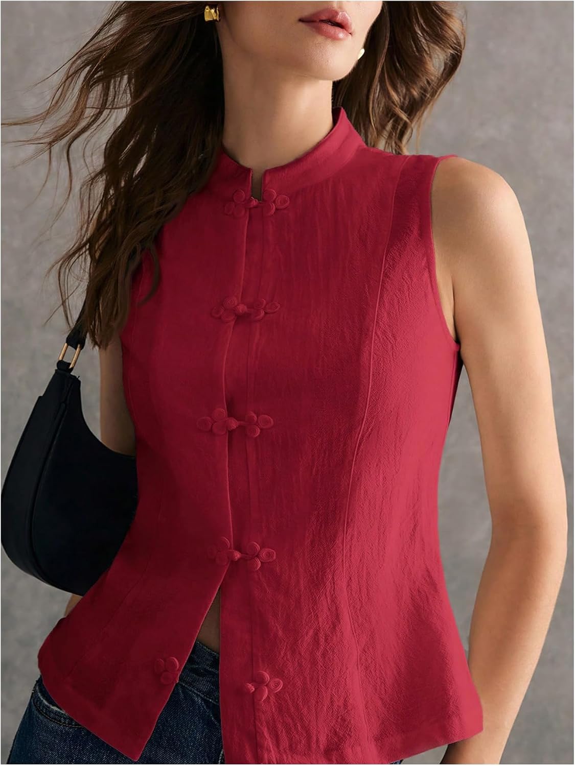 SHENHE Women's Linen Shirt Chinese Frog Button Stand Collar Tank Sleeveless Going Out Tops - Image 3