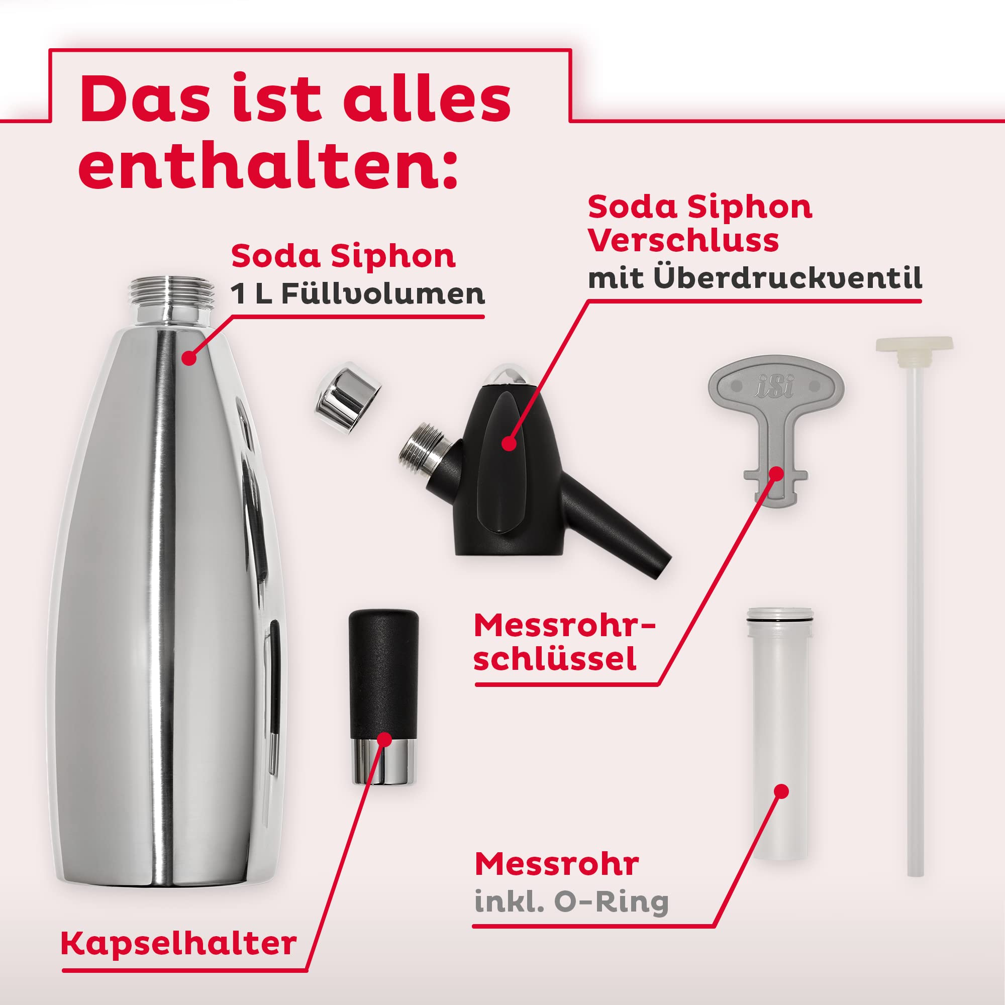 ISI Soda Siphon 1L inkl. 6 x 10 CO2 Kapseln für Soda & Sprudel - Edelstahl Wassersprudler Set + CO2 Kartuschen - Wasser Sprudler - Bar Zubehör