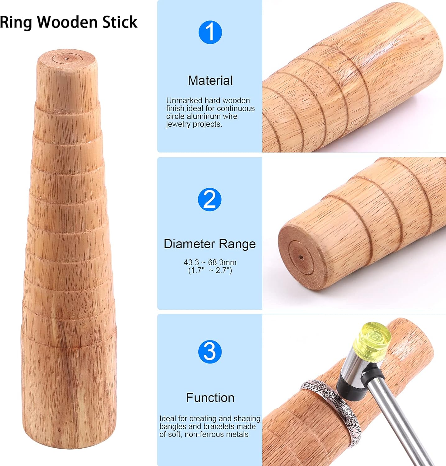 Glarks 5Pcs Jewelry Tool Sets Including Wooden Bracelet Sizing Bangle Mandrel, Jewelry Hammer, Jewelry Making Plier, Ring Sizer Guage for Jewelry Making Crafts