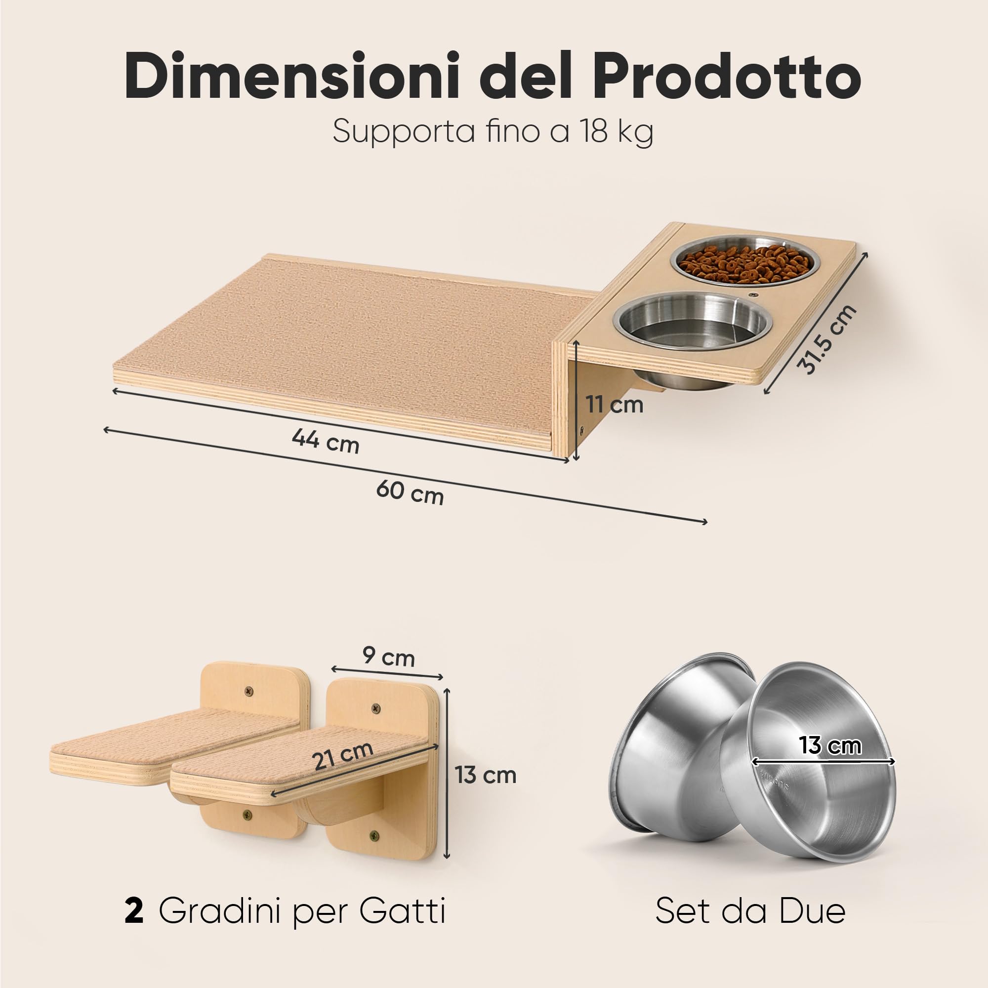 FUKUMARU Mensole per Gatti a Parete 3 in 1, Set con Stazione Alimentare e 2 Gradini, Mensola in Legno Massello, Spazio Risparmiato, Sicuro e Resistente, Adatto per Gioco e Riposo.