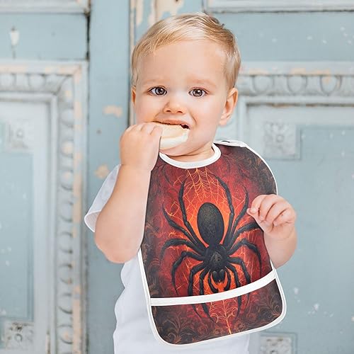 Miniatura 5 de Caikeny Baberos de alimentación para bebé, tela de araña roja, baberos negros para bebés, baberos de comida de Halloween con bolsillo para niñas