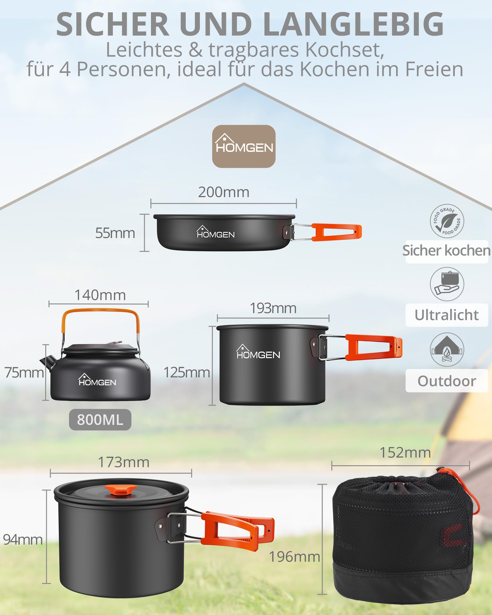 HOMGEN Camping Kochgeschirr Set für 4–5 Personen, Aluminium Camping Topfset mit Töpfe Wasserkessel, Teller, Schalen, Outdoor Kochset für Camping, Wandern, Picknick, Backpacking, Angeln