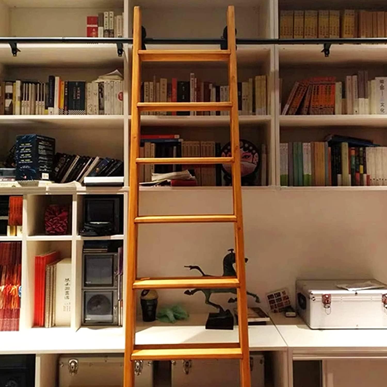 Rolling Ladder Library Track Hardware 3.3ft-20ft, Home Office Mobile Ladder Track/Rail, with Floor Roller Wheels Sliding Barn Door Full Set Kit (No Ladder) (Size : 13ft/400cm Track kit)