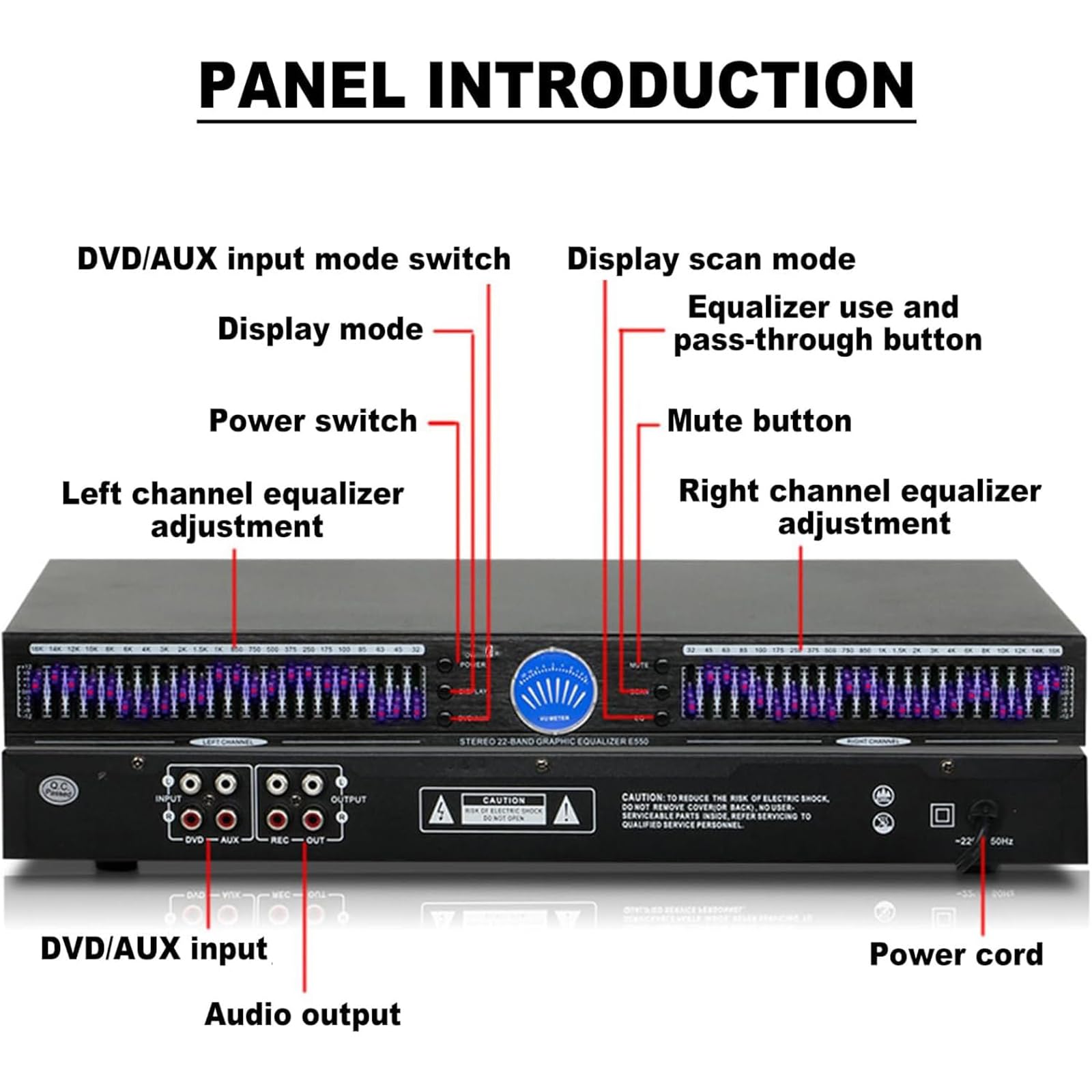 Ecualizador Digital De 22 Bandas, Ecualizador Gráfico De Doble Canal, con Montaje En Rack De 1U, 10 Efectos Preestablecidos, Ajuste Bajo/Medio/Alto, Reducción Automática De Ruido