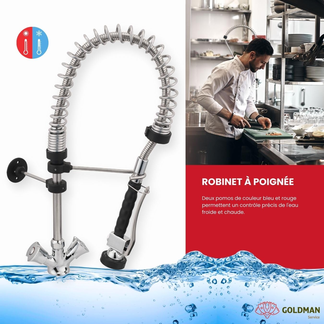GOLDMAN SERVICE | Robinet à Poignée Extensible pour Évier de Cuisine avec Douchette Spray. Utilisations Industrielles, Hôtellerie et Domestiques