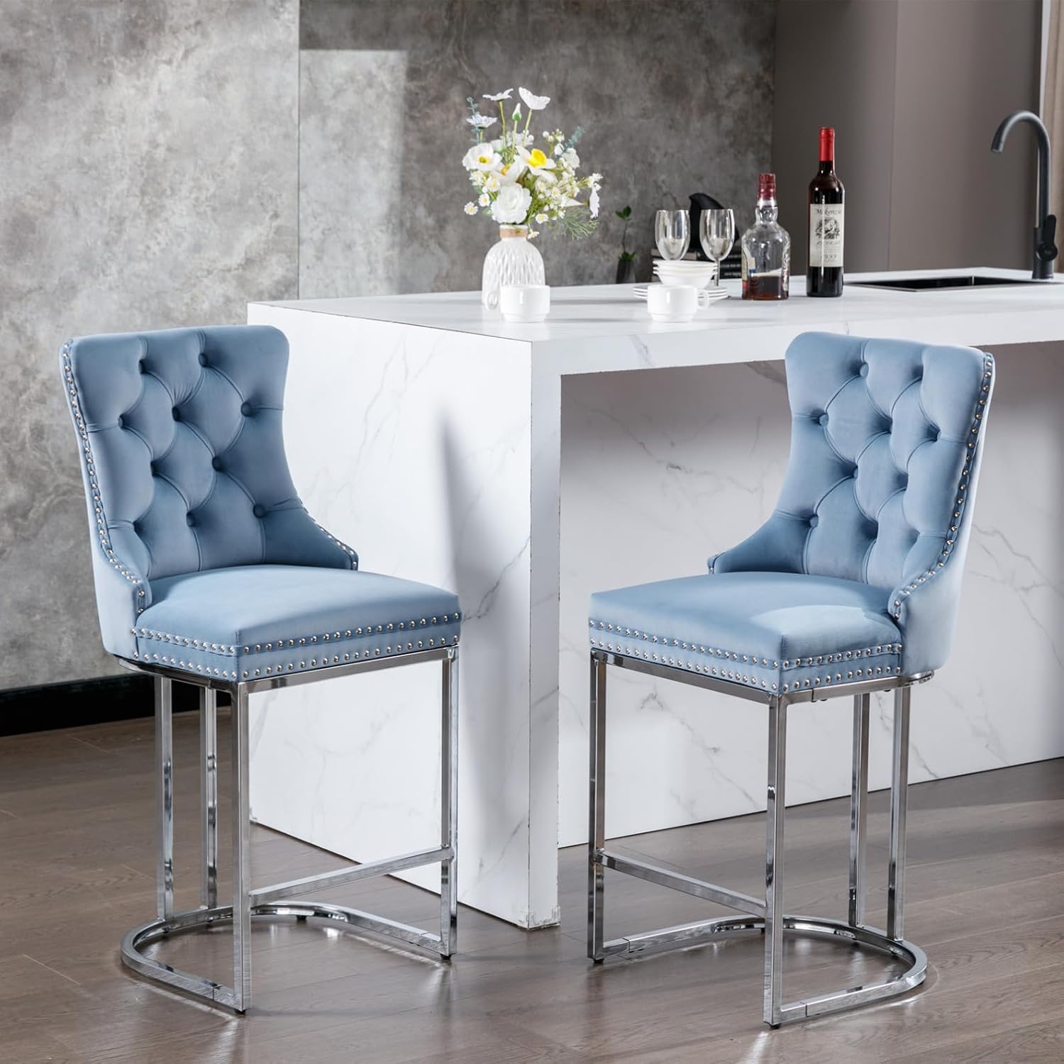 26" Counter Height Bar Stools Set of 2, Modern Velvet Barstools with Button Back & Rivet Trim, Upholstered Bar Stools with Sturdy Chromed Metal Base Legs Farmhouse Kitchen Island Chairs, Gray