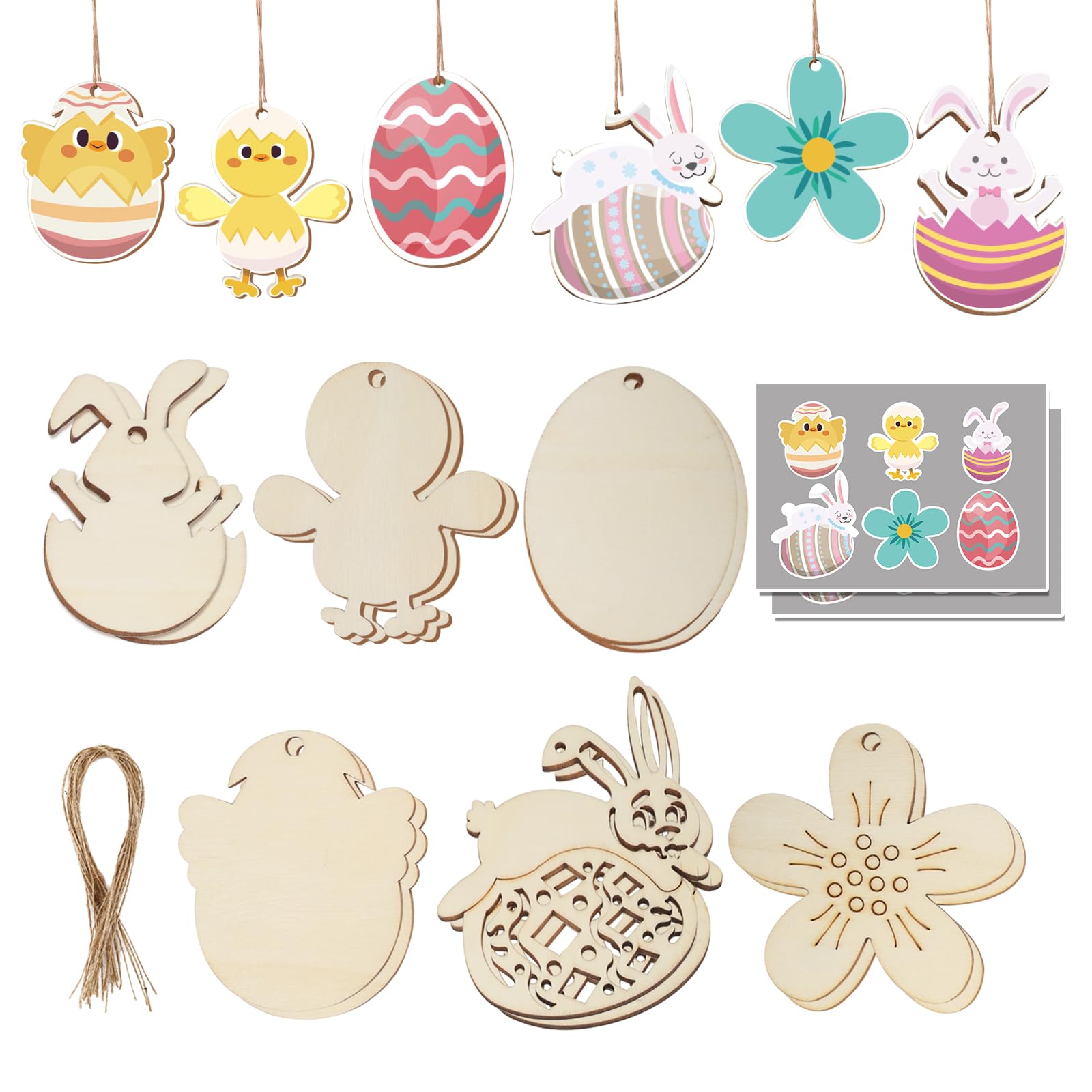 Fiohiros Muticolor 12Pcs Stickers Easter Wooden Crafts For Kids,Easter Decorations With Easter Egg Chick Flower Bunny For Diy Home Hanging Easter Crafts