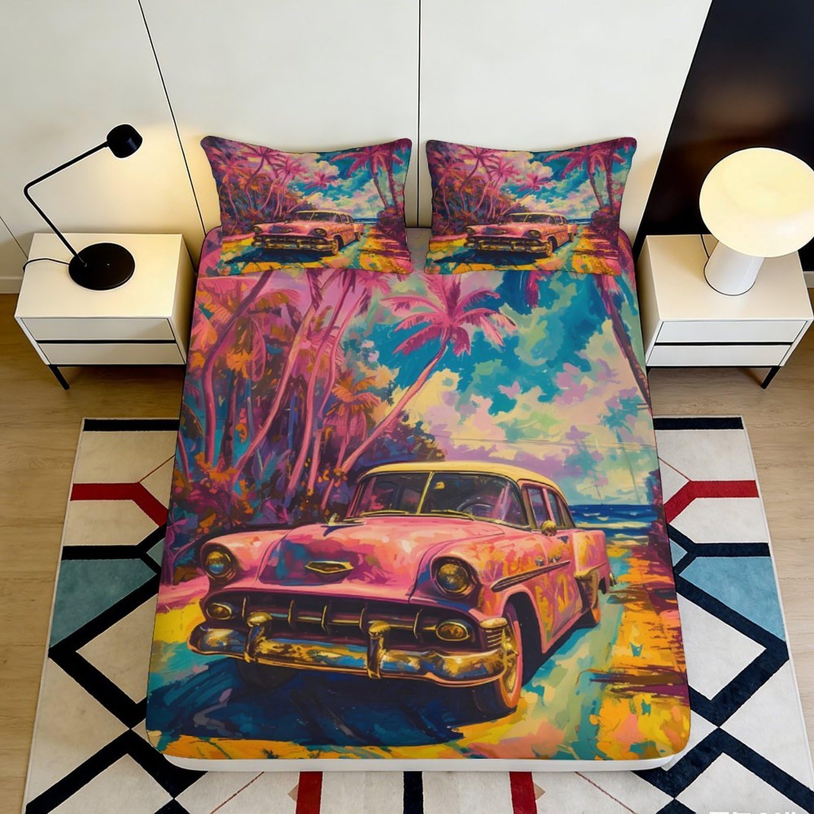 Vibrant decor 3D Printed Fitted Sheet with retro car motif, soft touch Microfiber, wrinkle resistant, apartment bedding, bedroom style upgrade, dustproof, easy care 90x200x25cm
