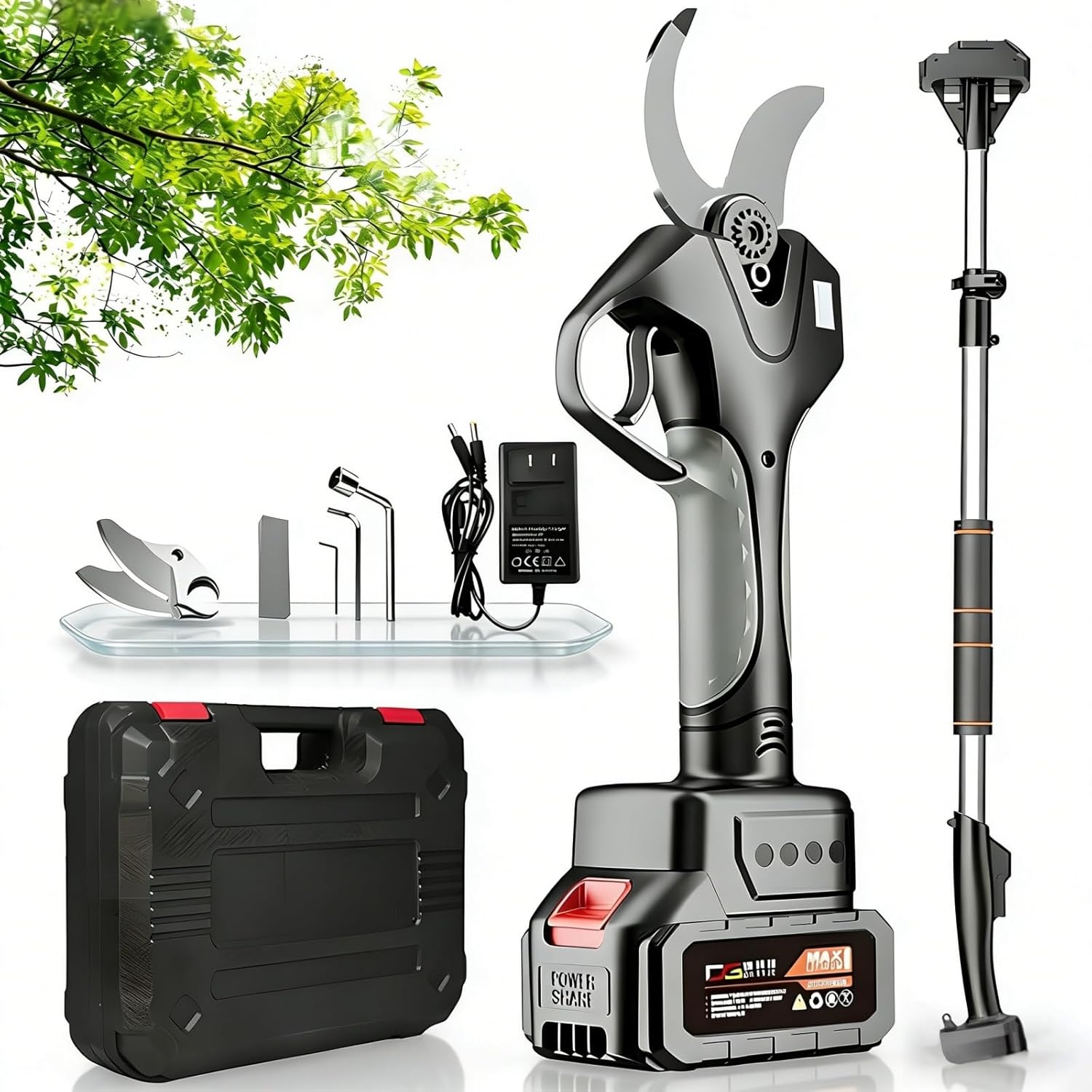 Cordless Electric Pruning Shears, 1000W Portable Tree Pruner With 1.6 Inch Cutting Capacity, LCD Display, SK5 Blades, And Extendable Pole For Tree Trimming, Gardening, Orchard Work(2Battery)