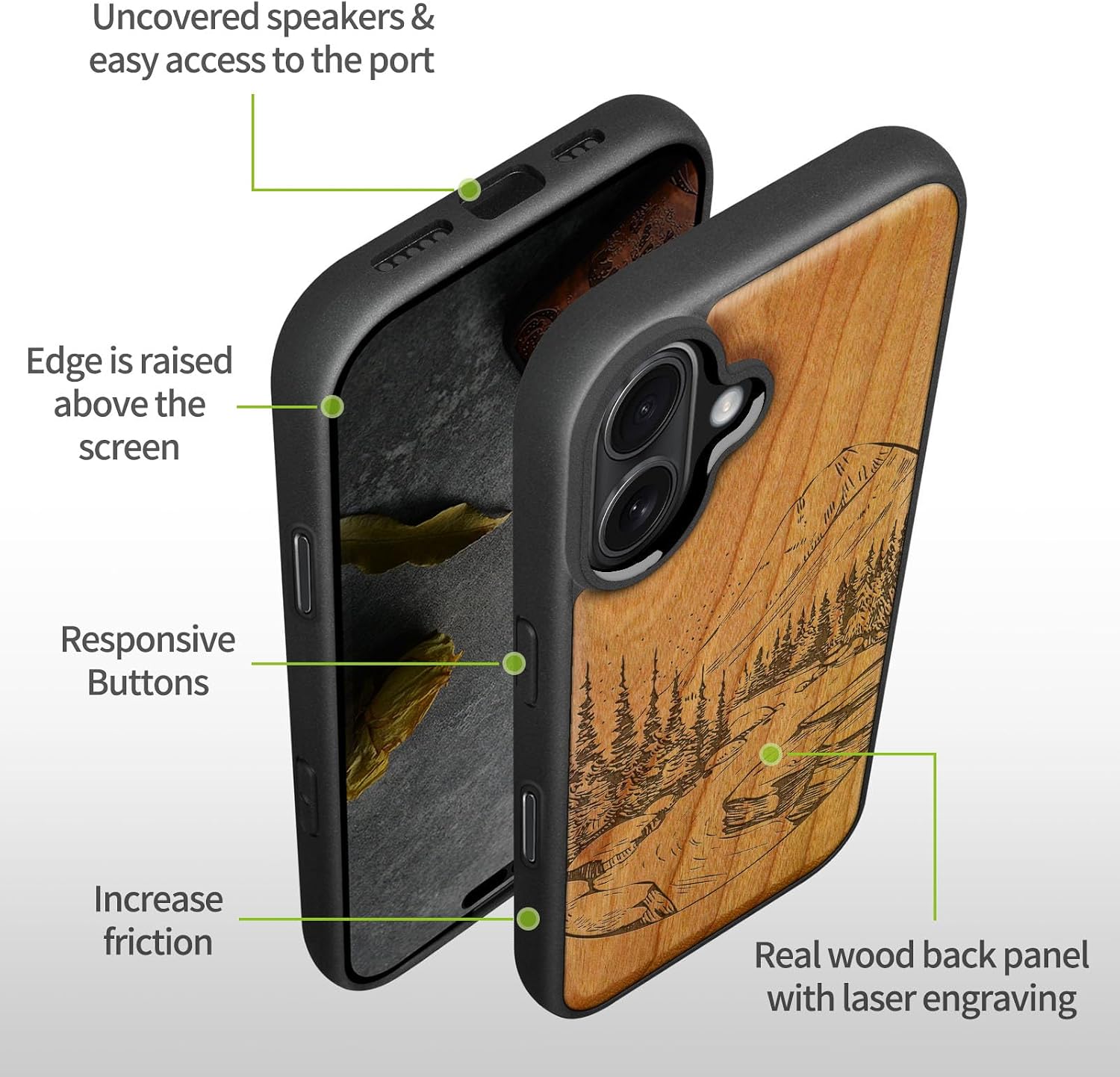 Carveit Magnetic Wooden Case for iPhone 17 Case, Wood Artisan Engraved & Black Soft TPU Shockproof Cover, Compatible with MagSafe Wireless Chargers (The Lake and Mountain Landscape) Cherry