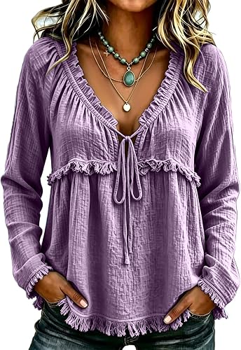 Fall Fringe Lace Up Boho Tops for Women V-Neck Blouse Purple