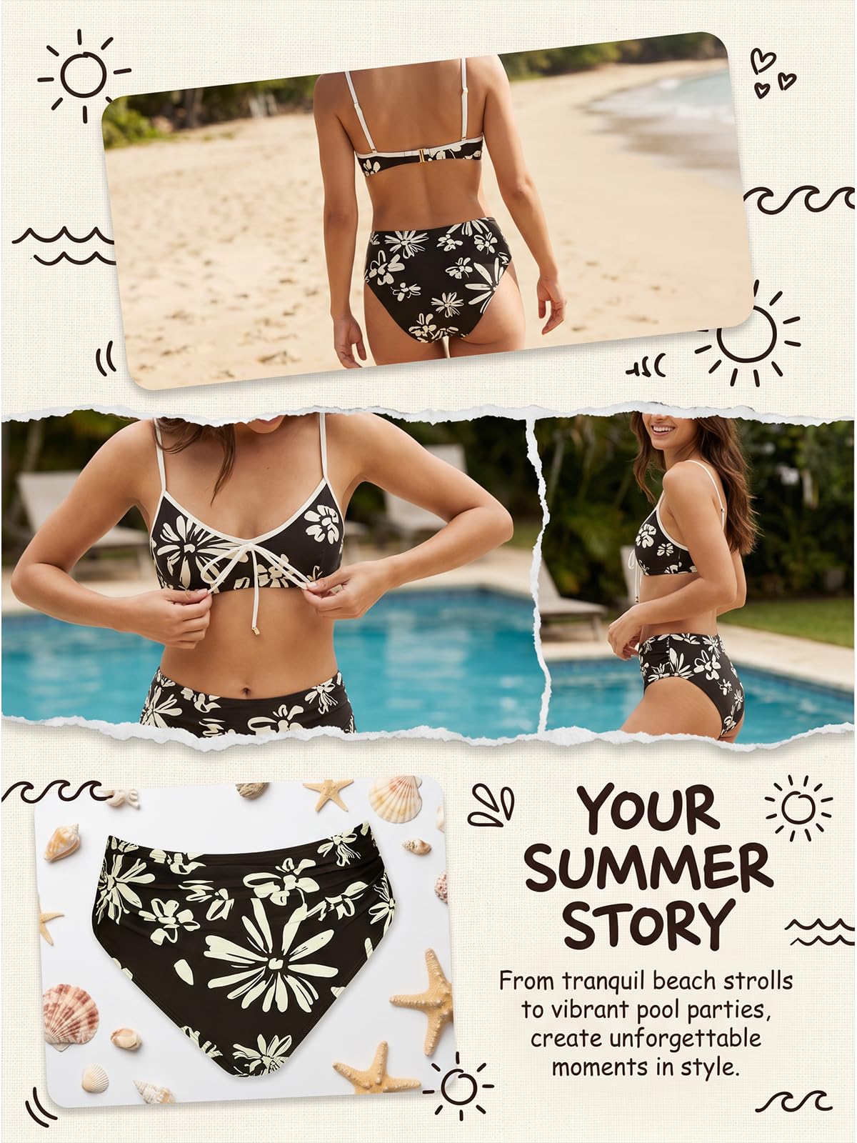 CUPSHE Maillot de bain deux pièces taille haute gainant pour femme - Col rond - Couleurs contrastées